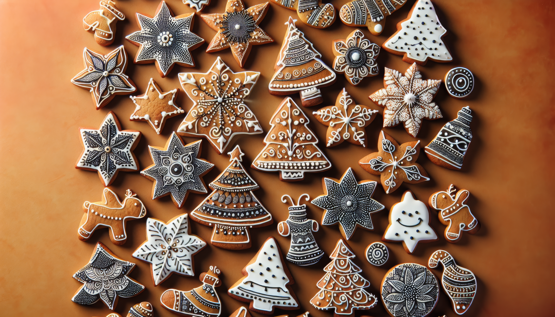 Assorted intricately decorated holiday cookies in shapes of stars, trees, and reindeer presented as an HD desktop wallpaper background.