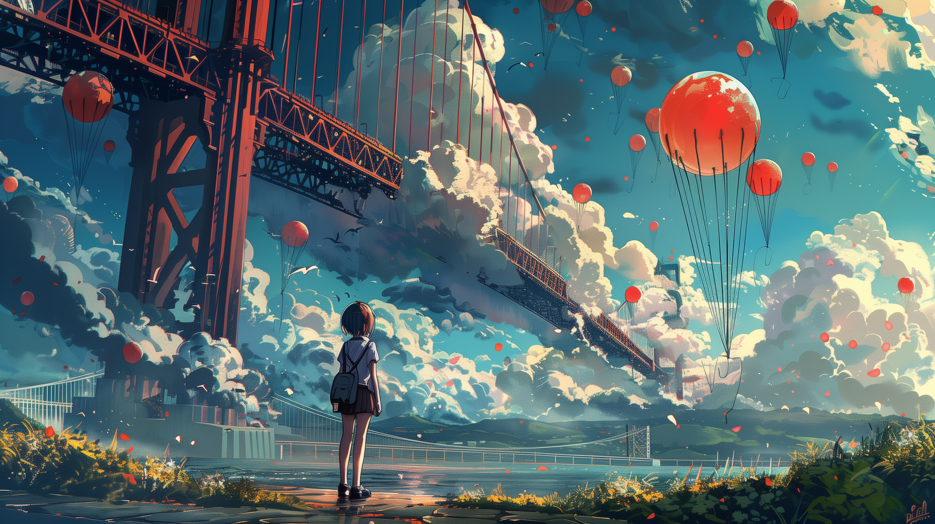 HD anime-style desktop wallpaper showing a girl standing by a bridge with numerous floating red balloons drifting through a vibrant, cloud-filled sky.