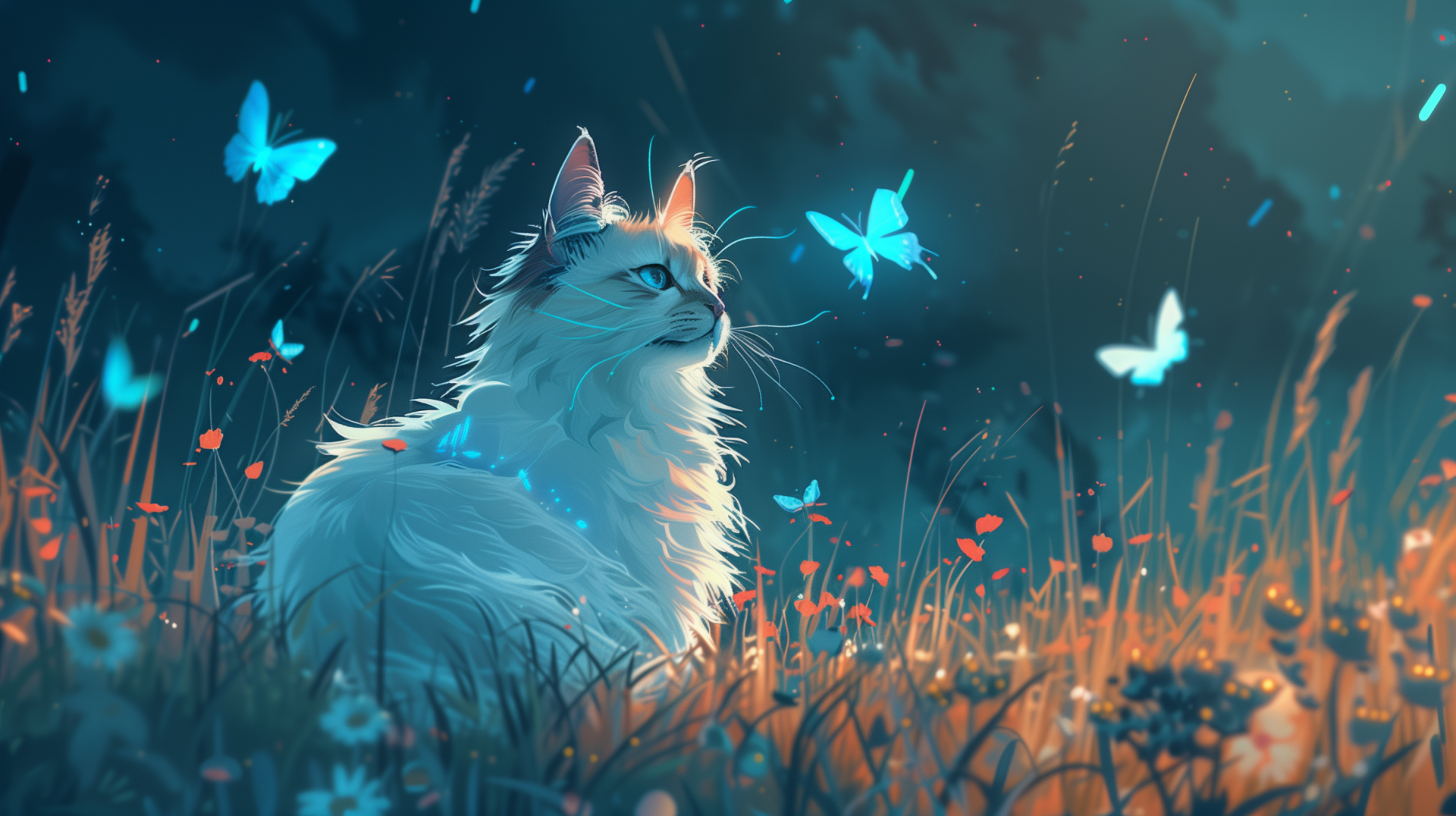 Pixel art image featuring a serene cat with butterflies in a vibrant, dreamy landscape. This HD desktop wallpaper brilliantly showcases AI-generated art for a captivating background scene.
