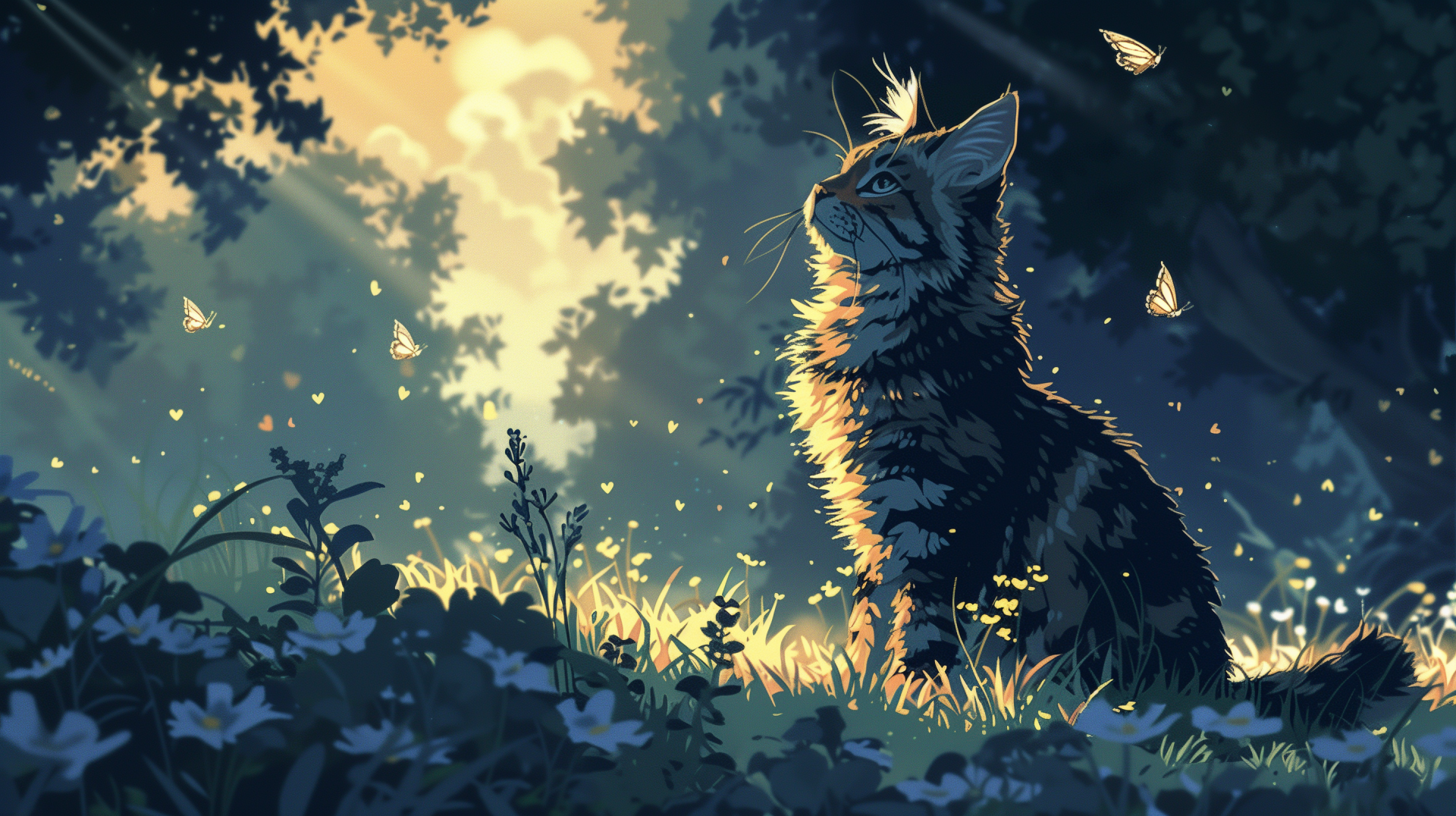 Pixel art of a serene scene featuring a cat observing butterflies amidst a sunlit forest. This HD AI-generated wallpaper makes a captivating desktop background.