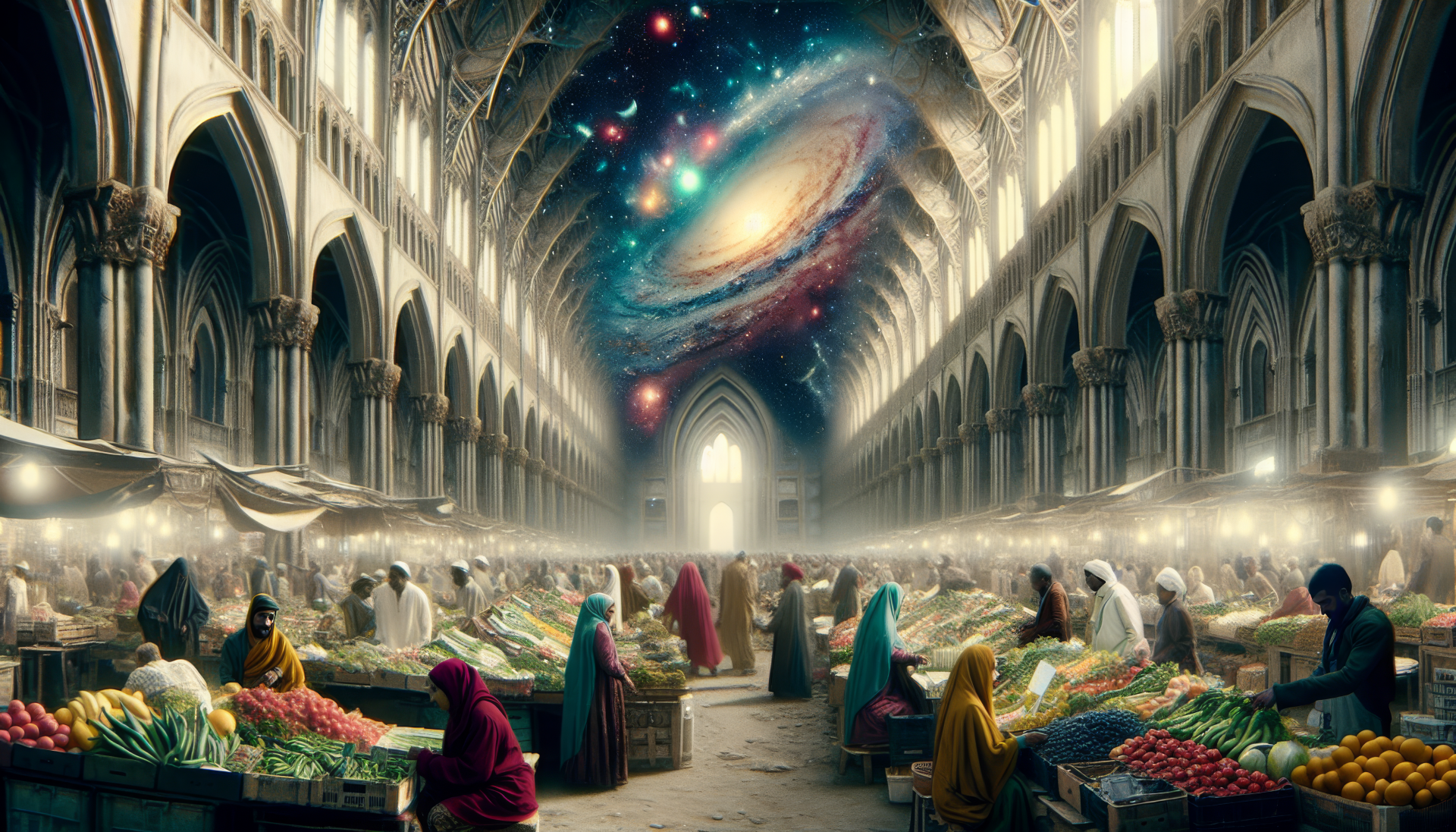 Surreal farmers market inside a grand cathedral with a cosmic galaxy backdrop - HD desktop wallpaper.
