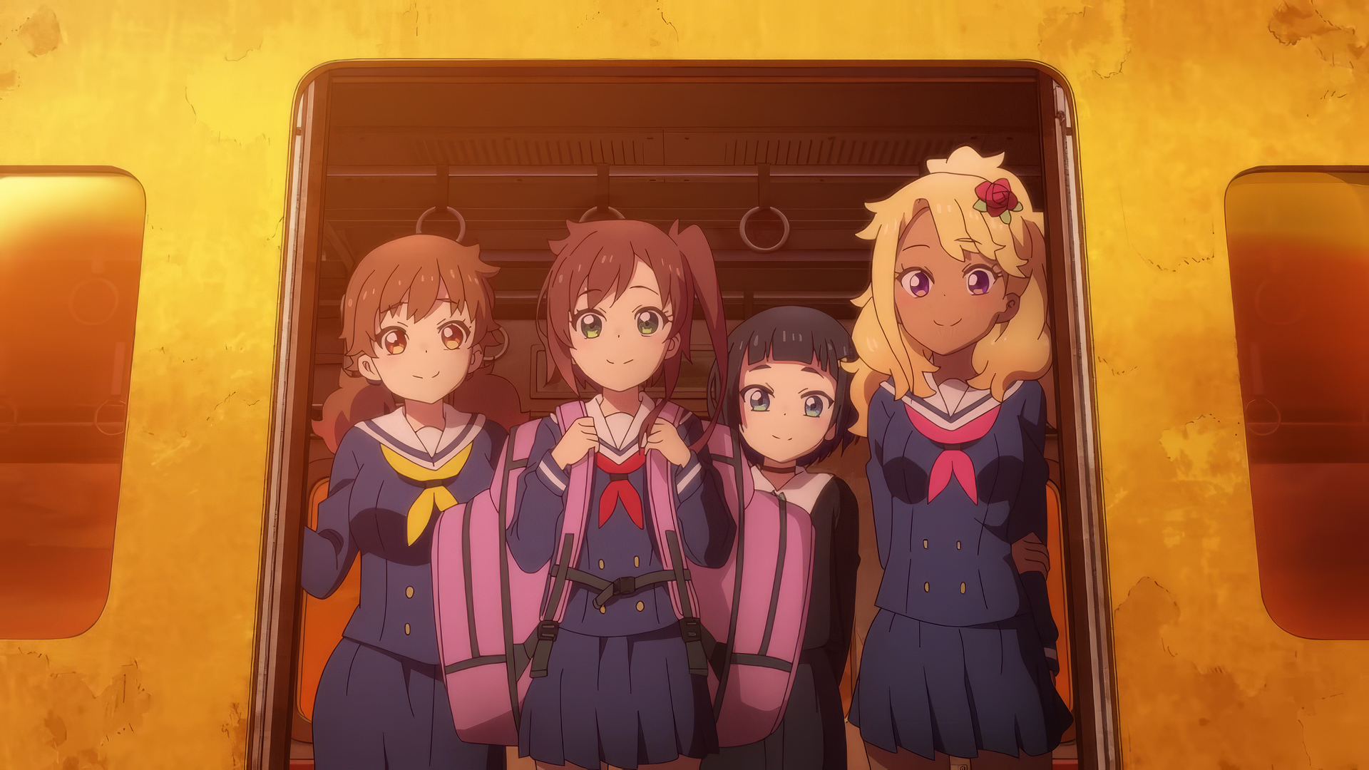 Anime characters aboard 'Train to the End of the World,' HD desktop wallpaper with warm golden hues.
