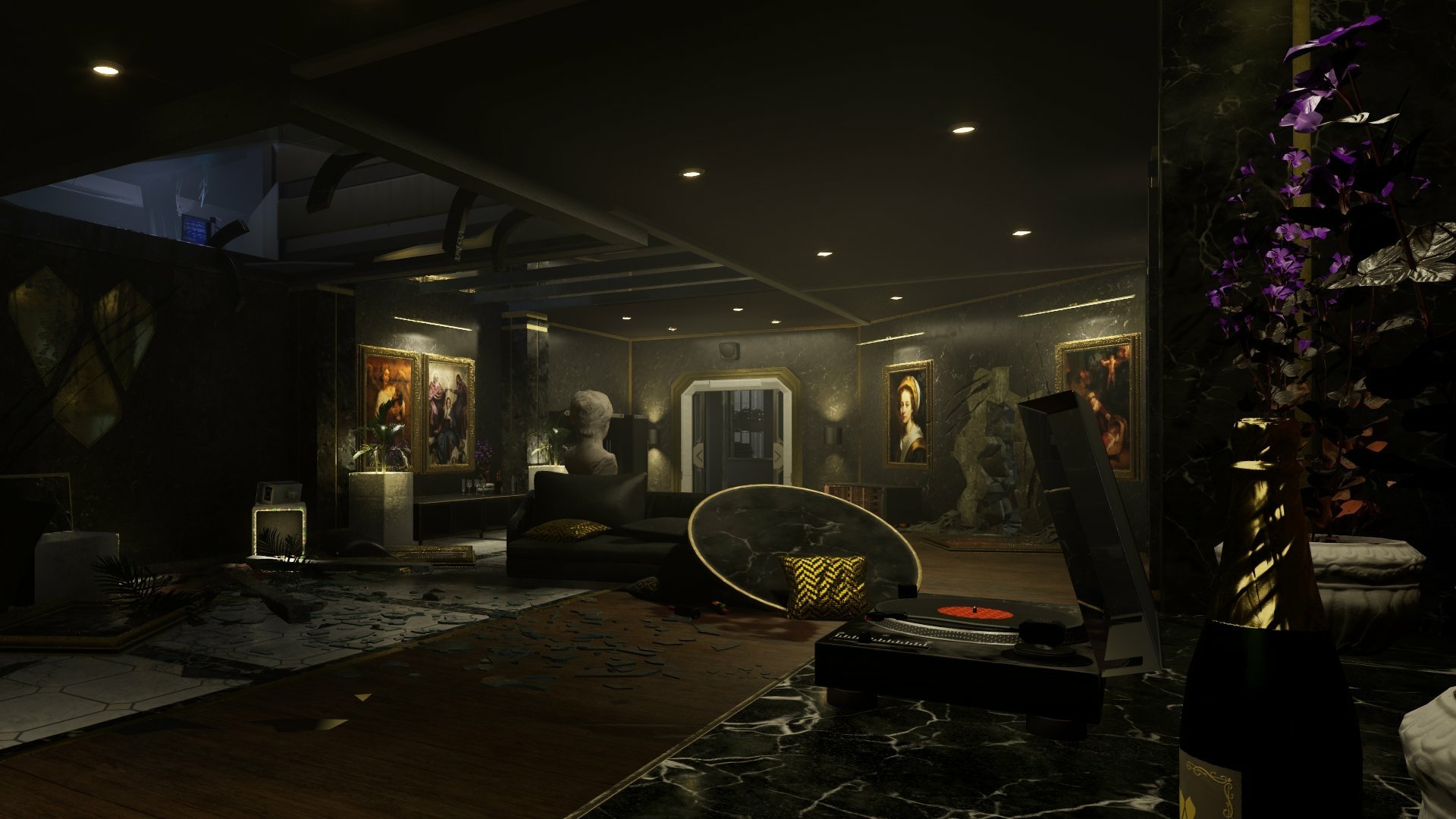 HD Desktop wallpaper from the video game Deceit 2, featuring a dark, atmospheric room with eerie decor.