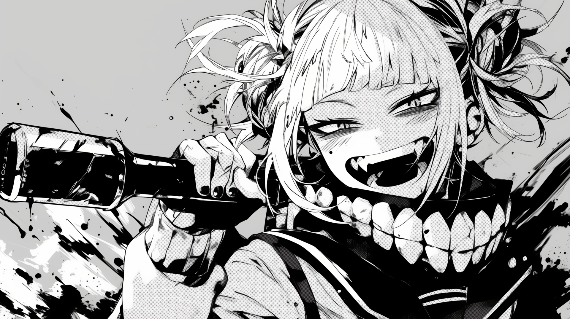 High-definition wallpaper featuring Himiko Toga from My Hero Academia, showcasing her playful yet menacing expression in a striking black-and-white manga style.