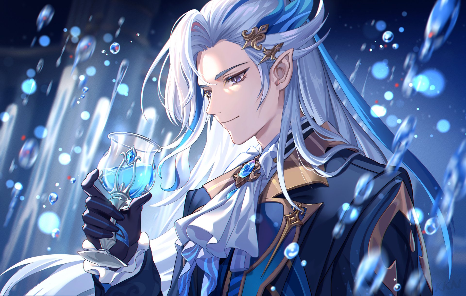4K Ultra HD PC wallpaper featuring Neuvillette from Genshin Impact, depicted with flowing white hair and elegant attire, holding a glowing glass against a sparkling blue background.
