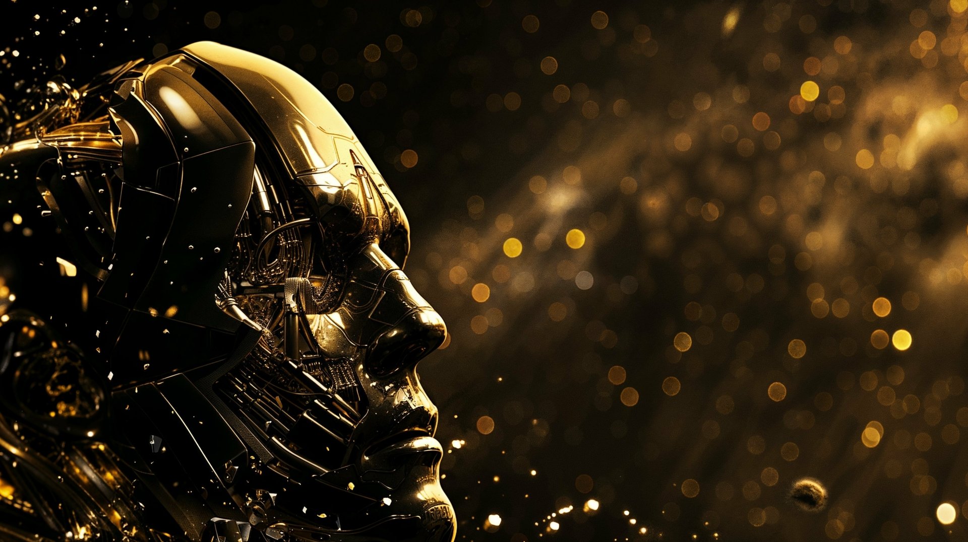 Golden sci-fi robot man with sparkling background, HD wallpaper.