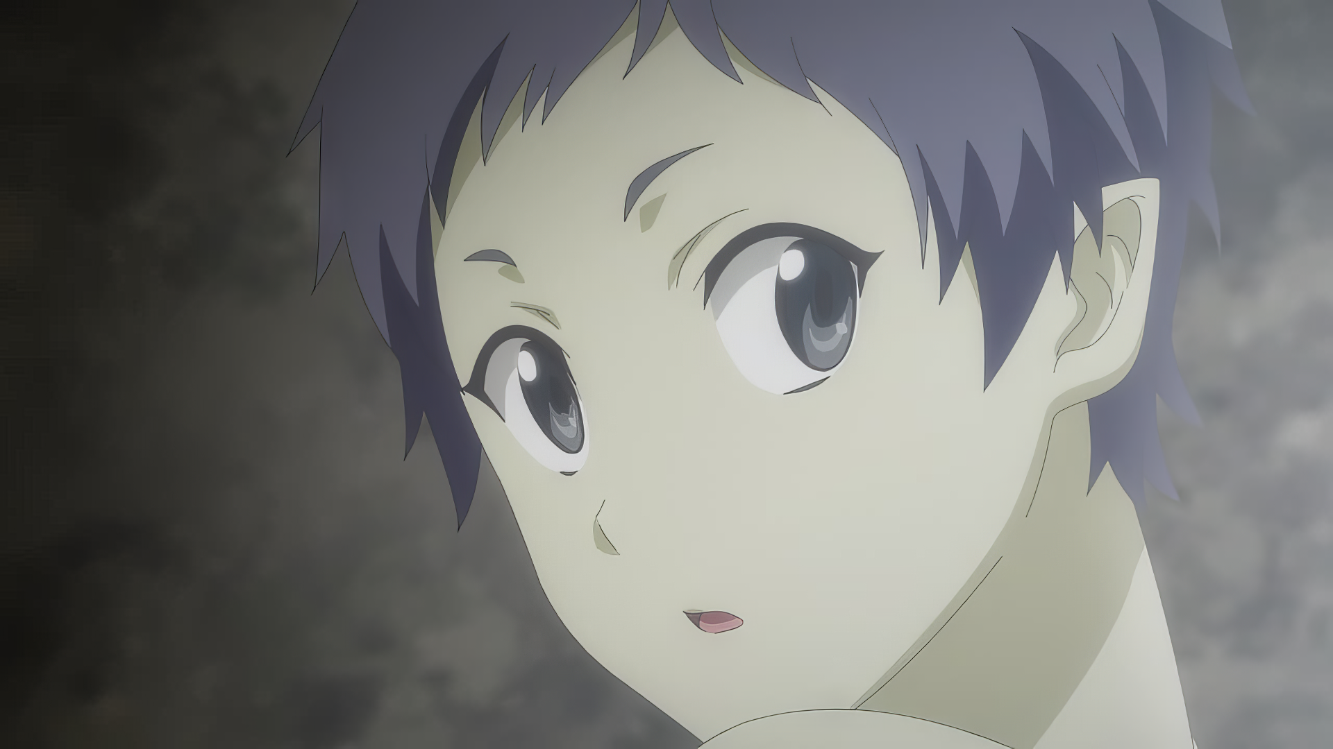 HD wallpaper of an anime character from Re:Monster with large expressive eyes and short blue hair, against a muted background.