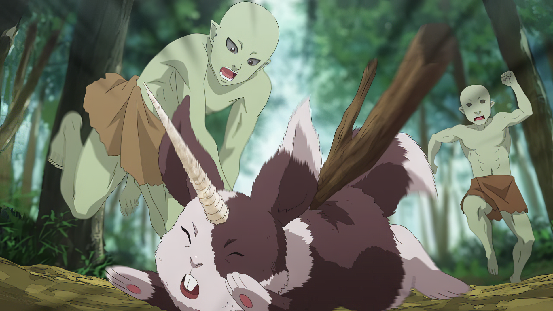 HD anime wallpaper from Re:Monster depicting a scene with goblins attacking in a forest setting.