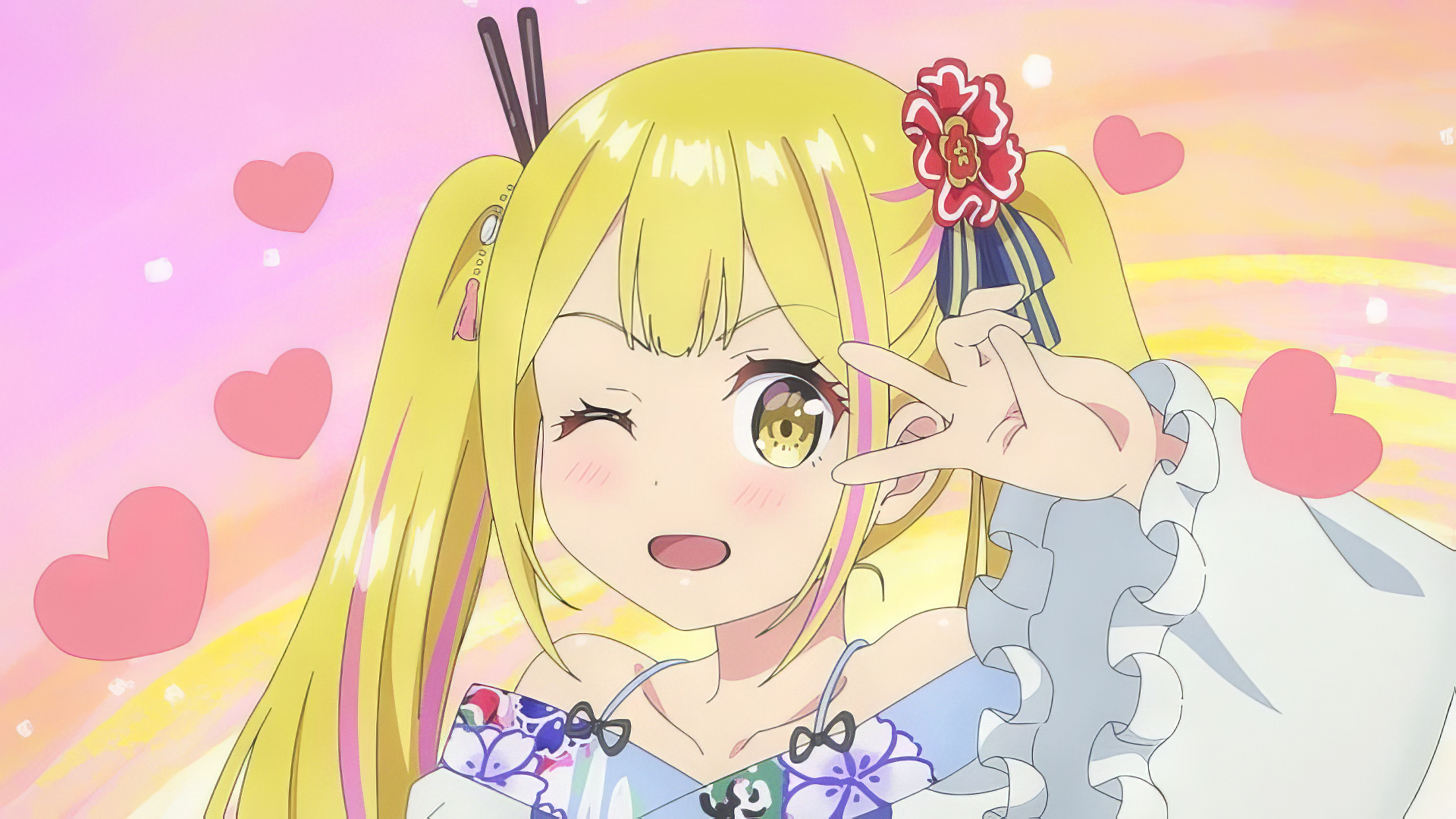 Anime girl with blonde hair giving a peace sign, A Salad Bowl of Eccentrics themed HD desktop wallpaper with hearts background.
