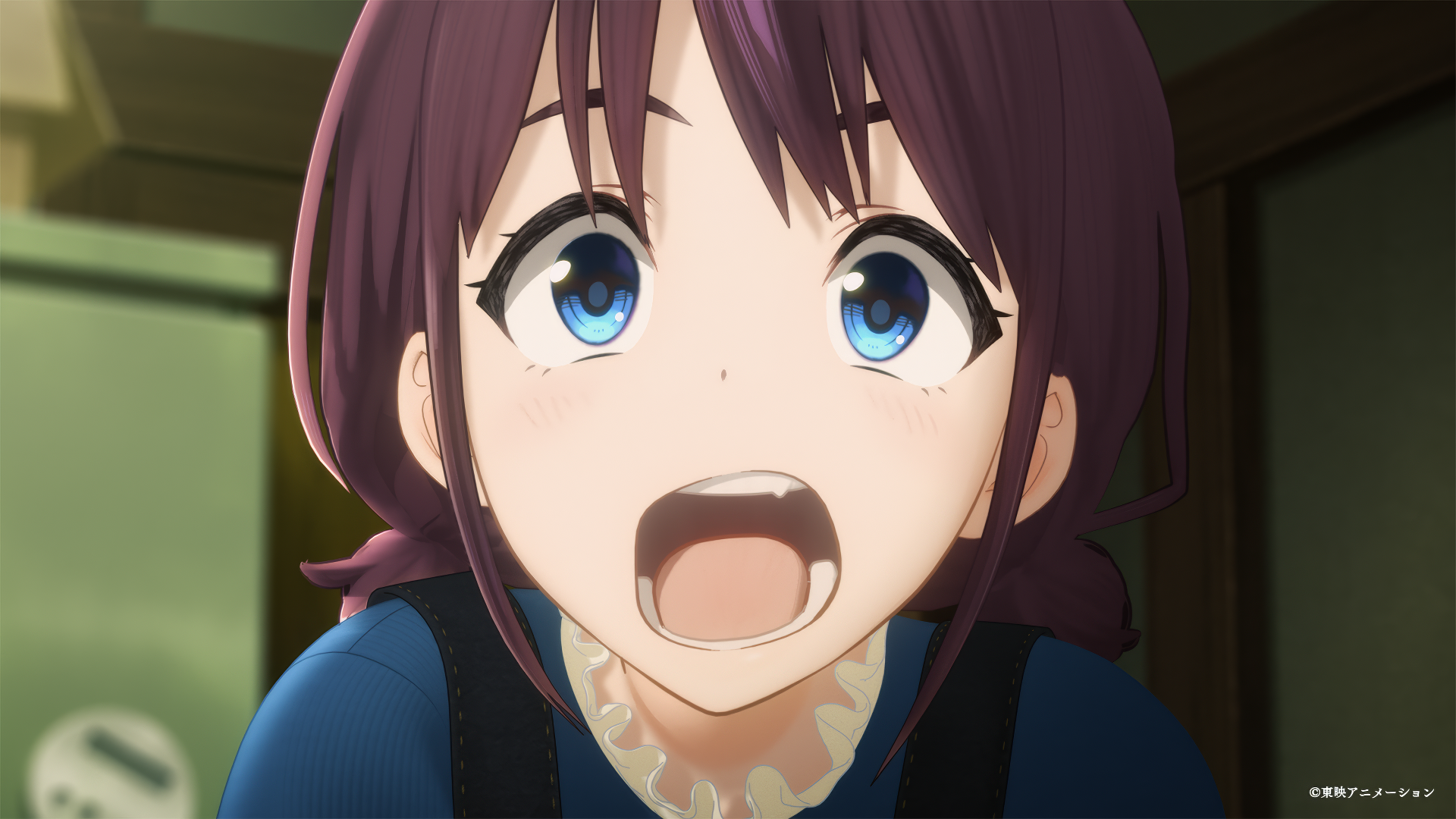 A vibrant HD wallpaper featuring an anime girl with blue eyes, joyfully expressing herself. This artwork captures the essence of the Girls Band Cry theme.