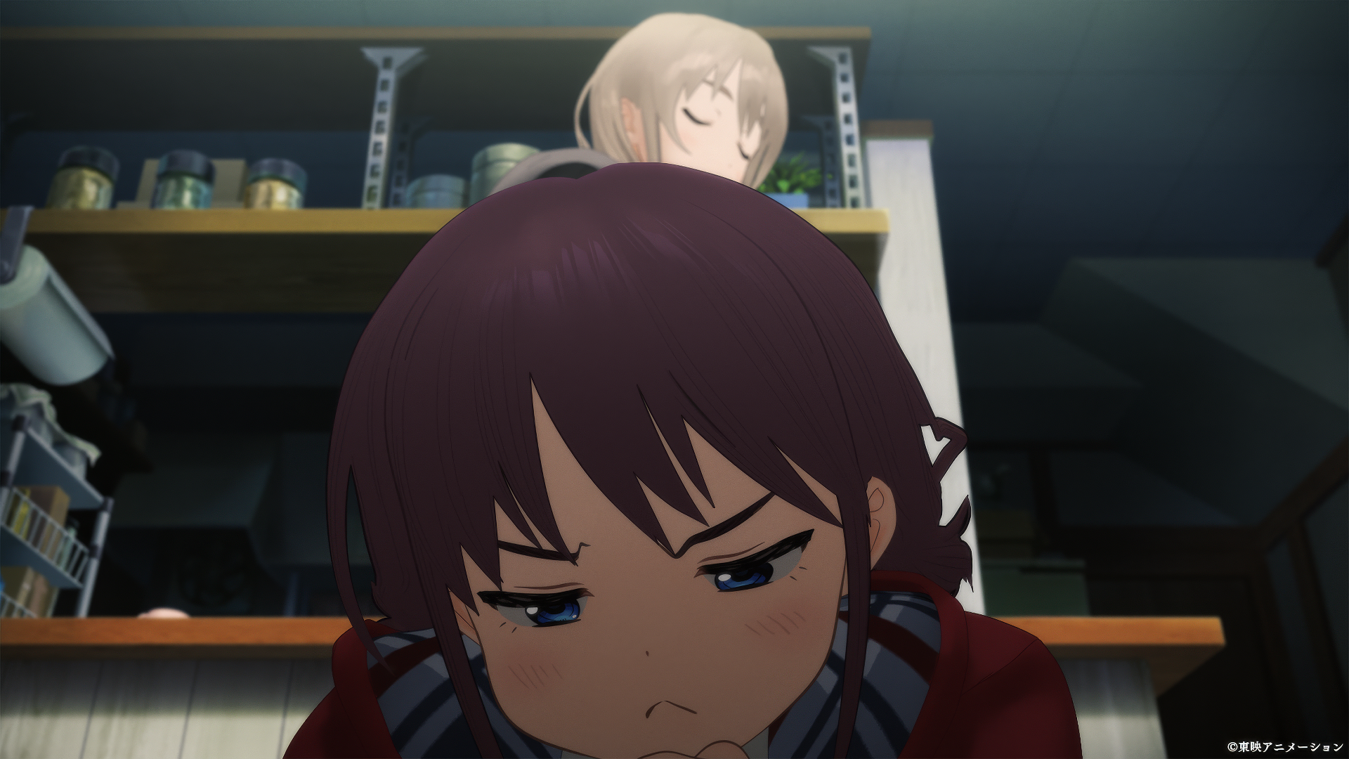 HD anime wallpaper featuring a close-up of a determined girl from Girls Band Cry with a blurred background character