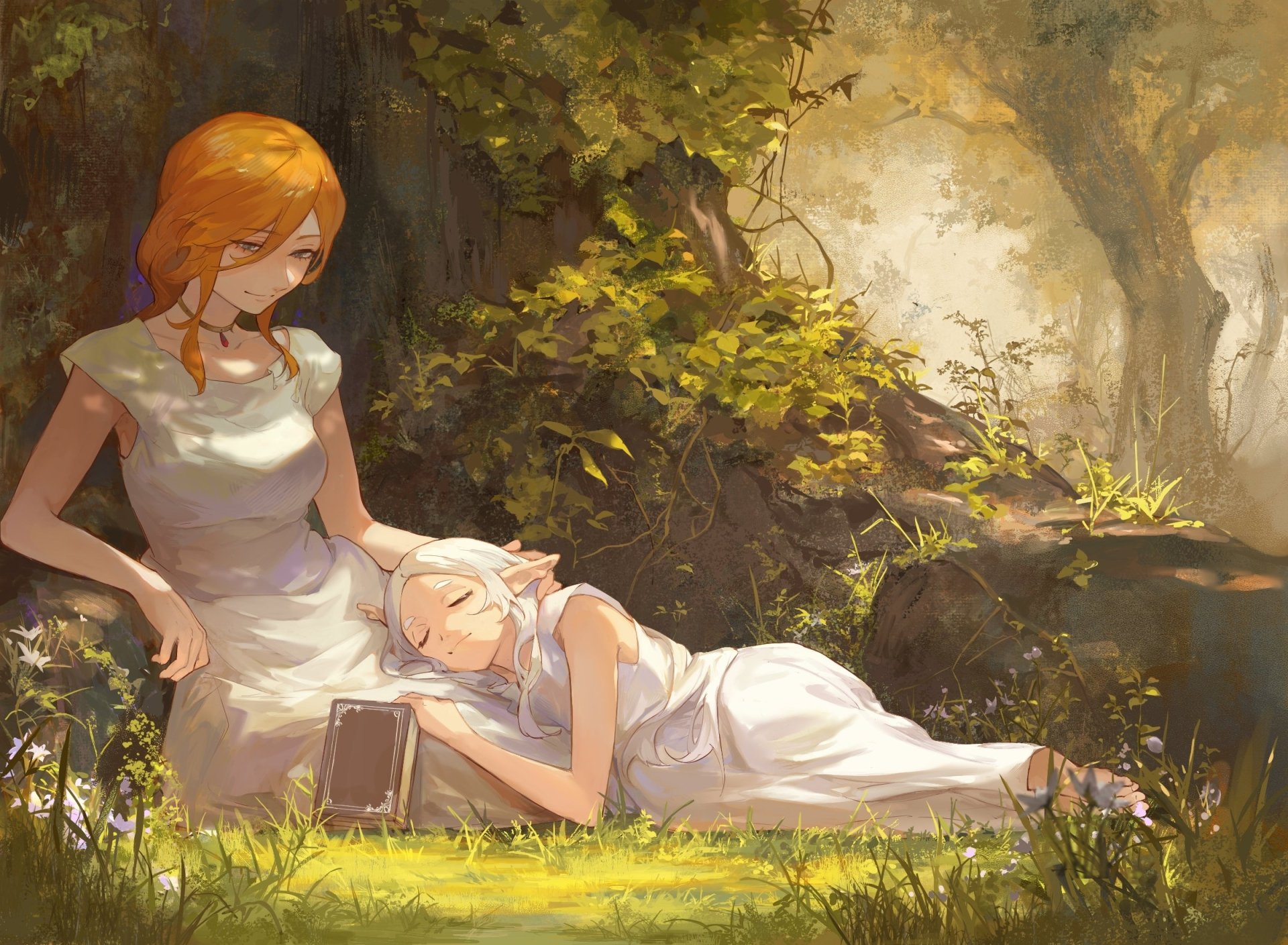 Anime HD desktop wallpaper from Frieren: Beyond Journey's End, depicting two female characters in white dresses resting peacefully in a sunlit forest clearing.