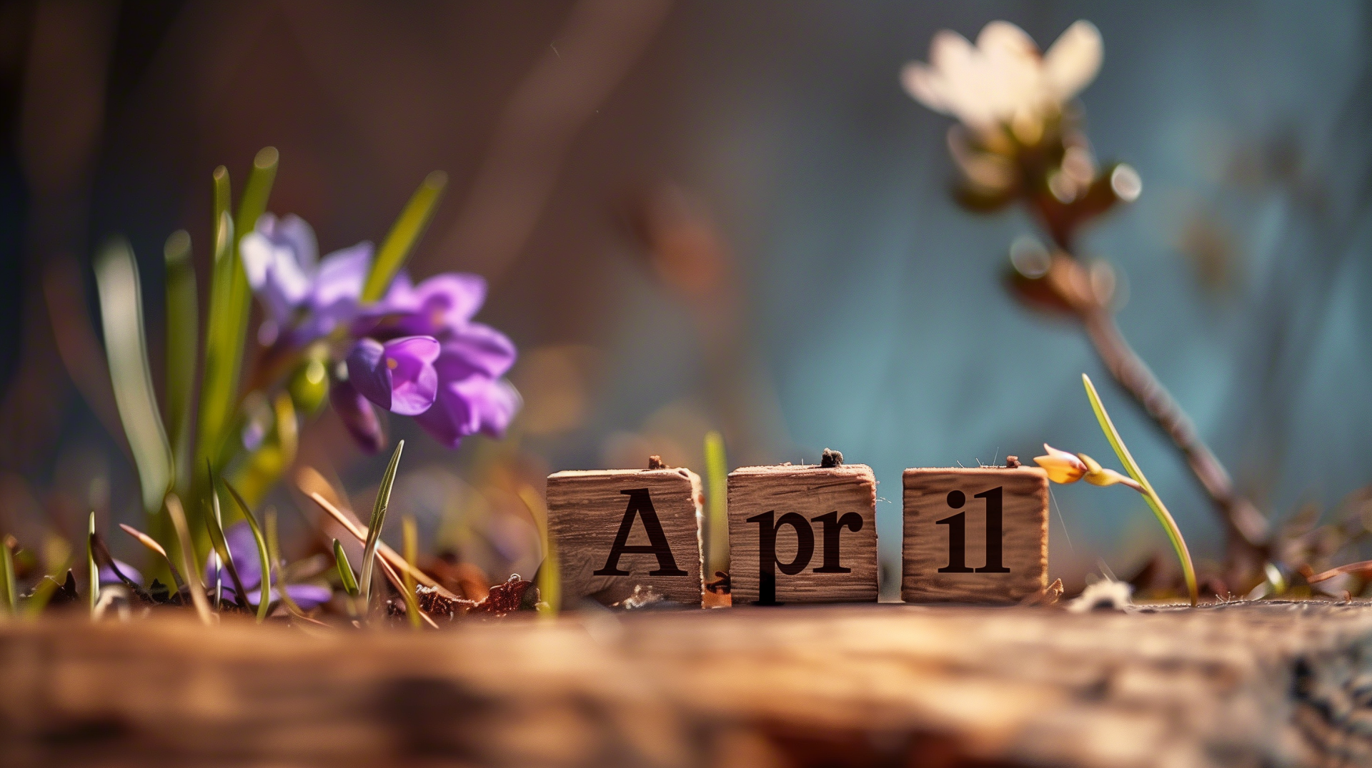 HD Spring Wallpaper with April Wooden Blocks and Blooming Flowers for Desktop Background