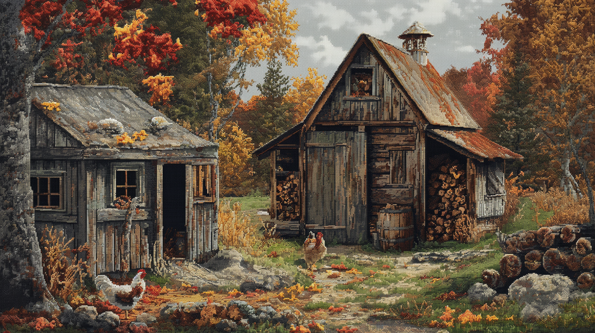 HD pixel art wallpaper featuring a rustic wooden barn and shed with chickens amidst autumn foliage.