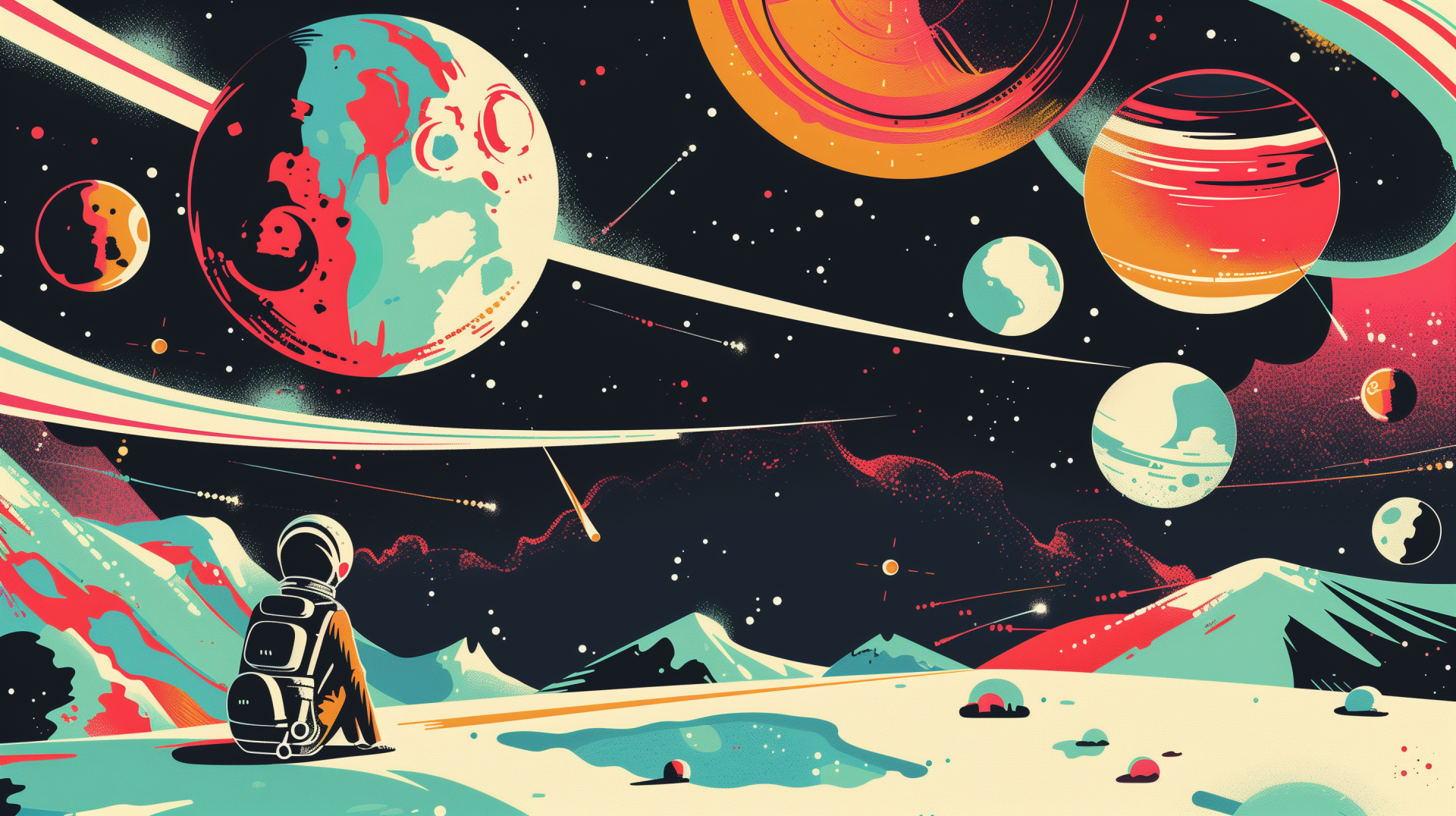 Colorful HD desktop wallpaper featuring an astronaut in a spacesuit gazing at a vibrant cosmic landscape with multiple planets and stars.