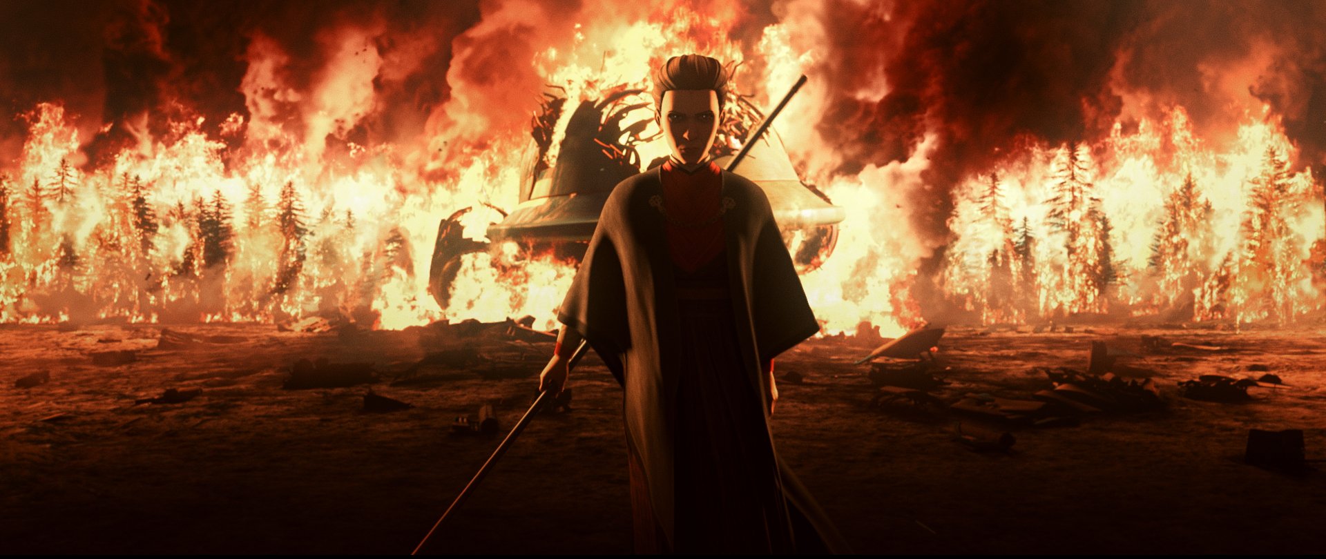 Star Wars: Tales of the Empire HD wallpaper featuring a character with a lightsaber standing before a fiery backdrop.