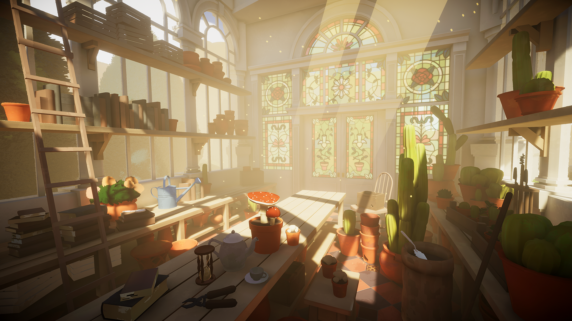 HD desktop wallpaper featuring the sunlit interior of Botany Manor from a video game, with lush plants and stained glass windows.