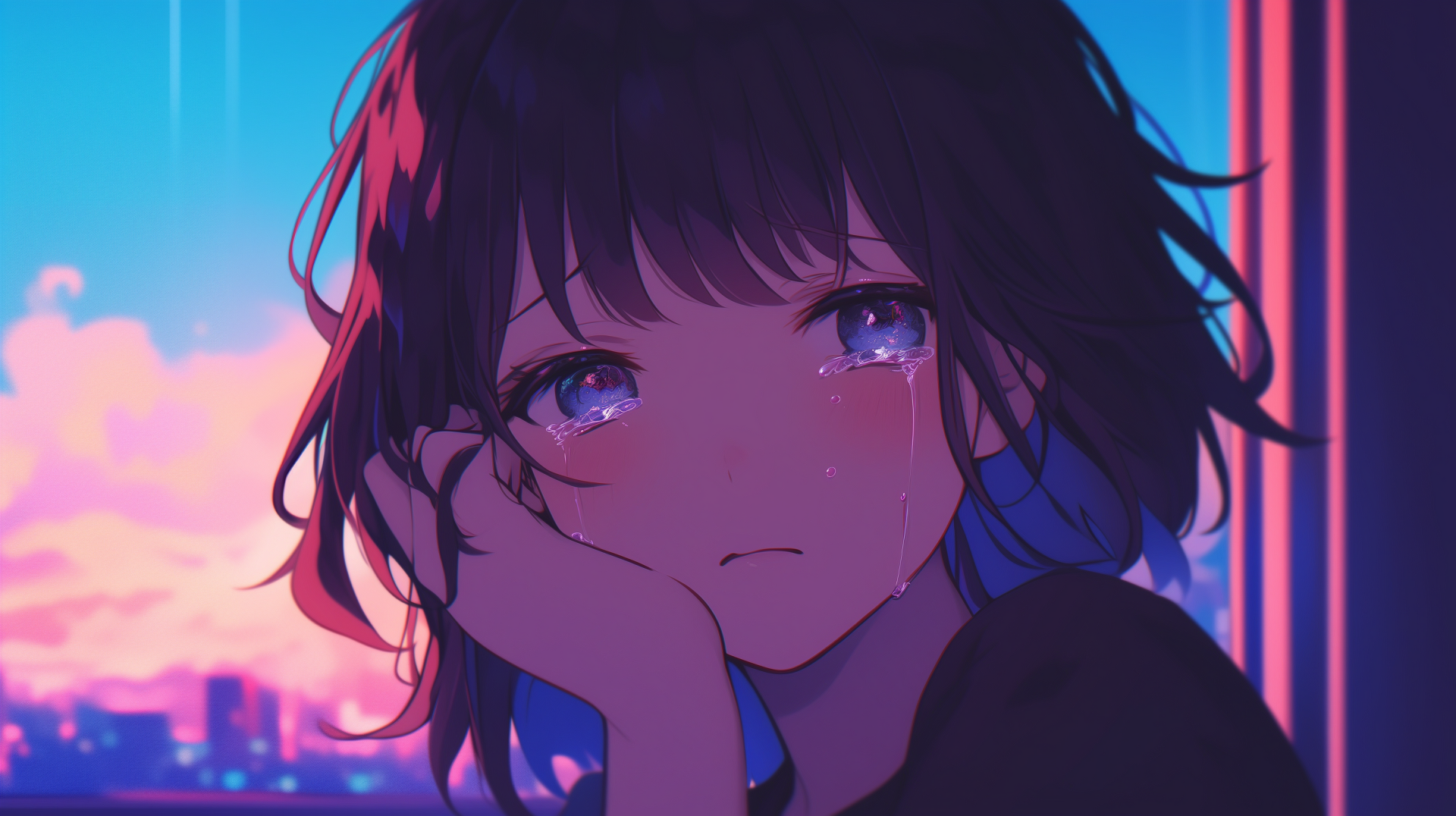 Anime girl with tearful eyes against a sunset cityscape, conveying sadness, as a HD desktop wallpaper.