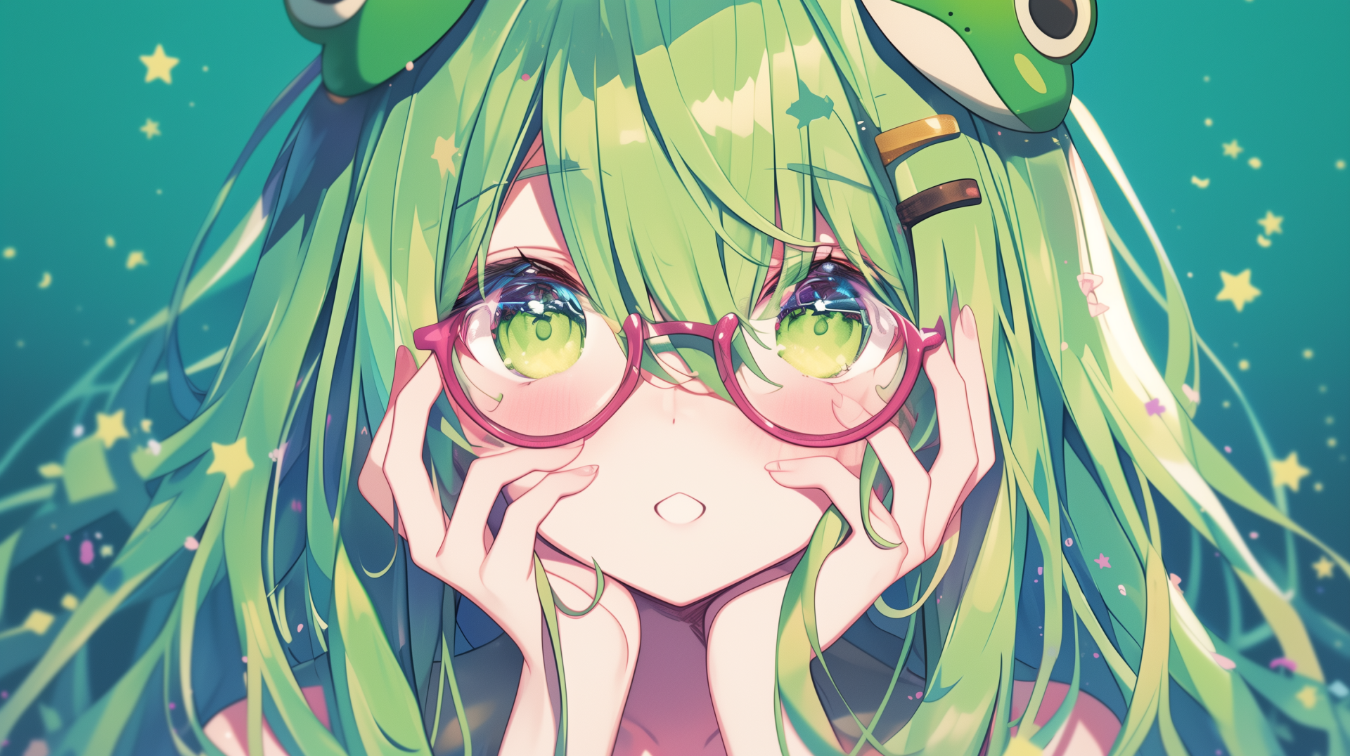 HD anime wallpaper featuring a green-haired anime girl with glasses looking surprised surrounded by twinkling stars.