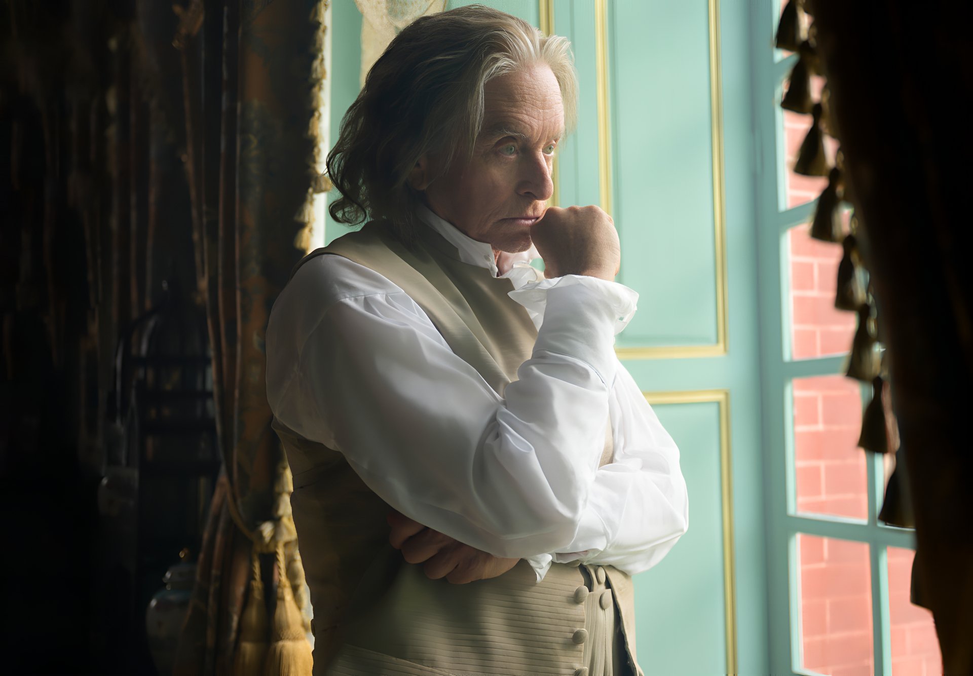 HD desktop wallpaper featuring a thoughtful character from the TV show Franklin, dressed in historical attire and standing pensively by a window.