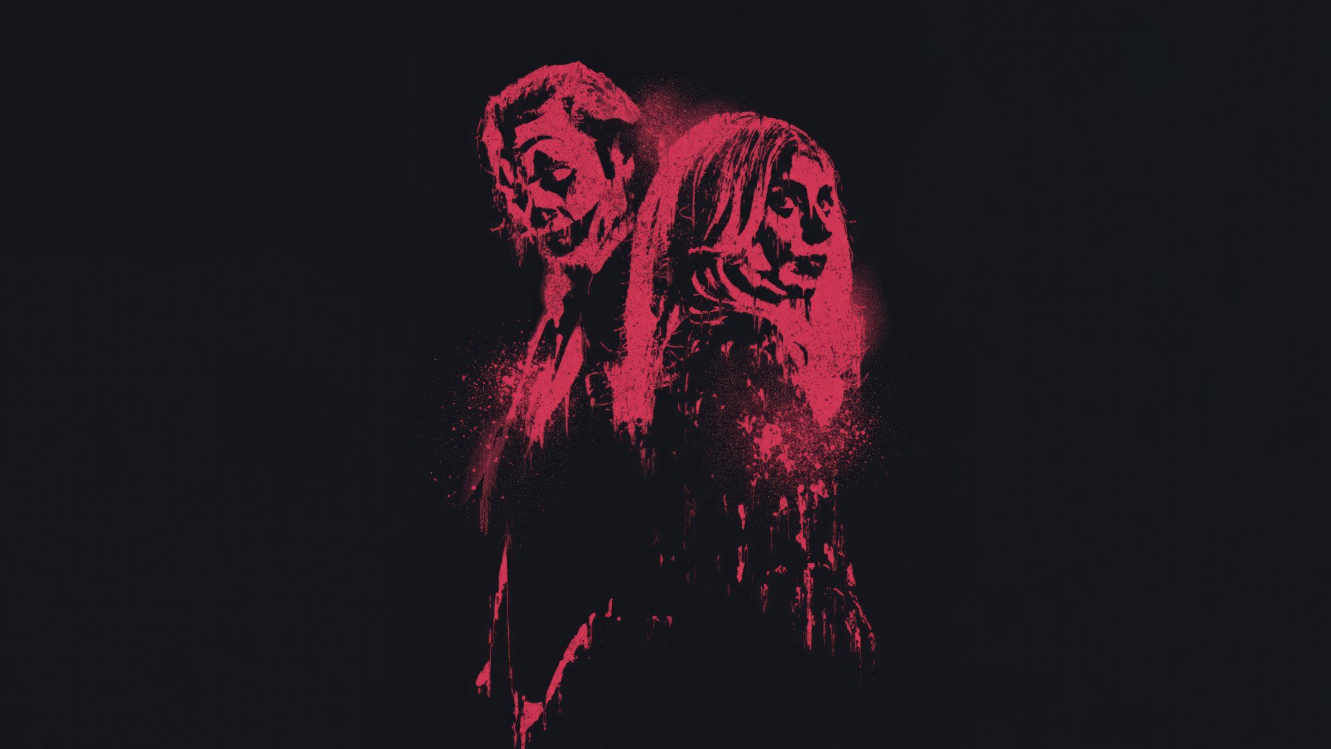 HD desktop wallpaper featuring stylized artistic silhouettes in pink and white tones against a dark background, representing characters associated with the movie Joker: Folie à Deux.