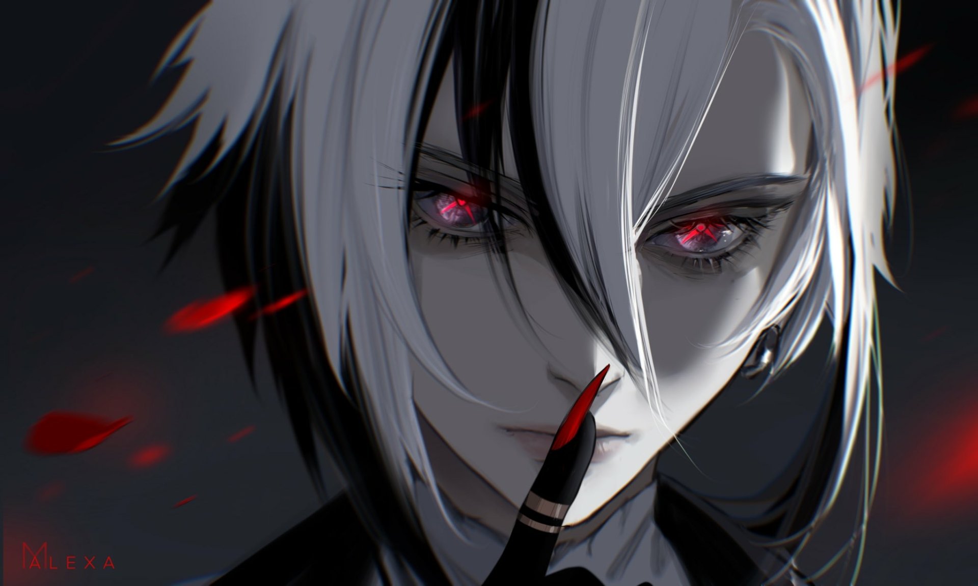 HD PC desktop wallpaper featuring Arlecchino from Genshin Impact with striking red eyes, white hair, and a dark, intense atmosphere.