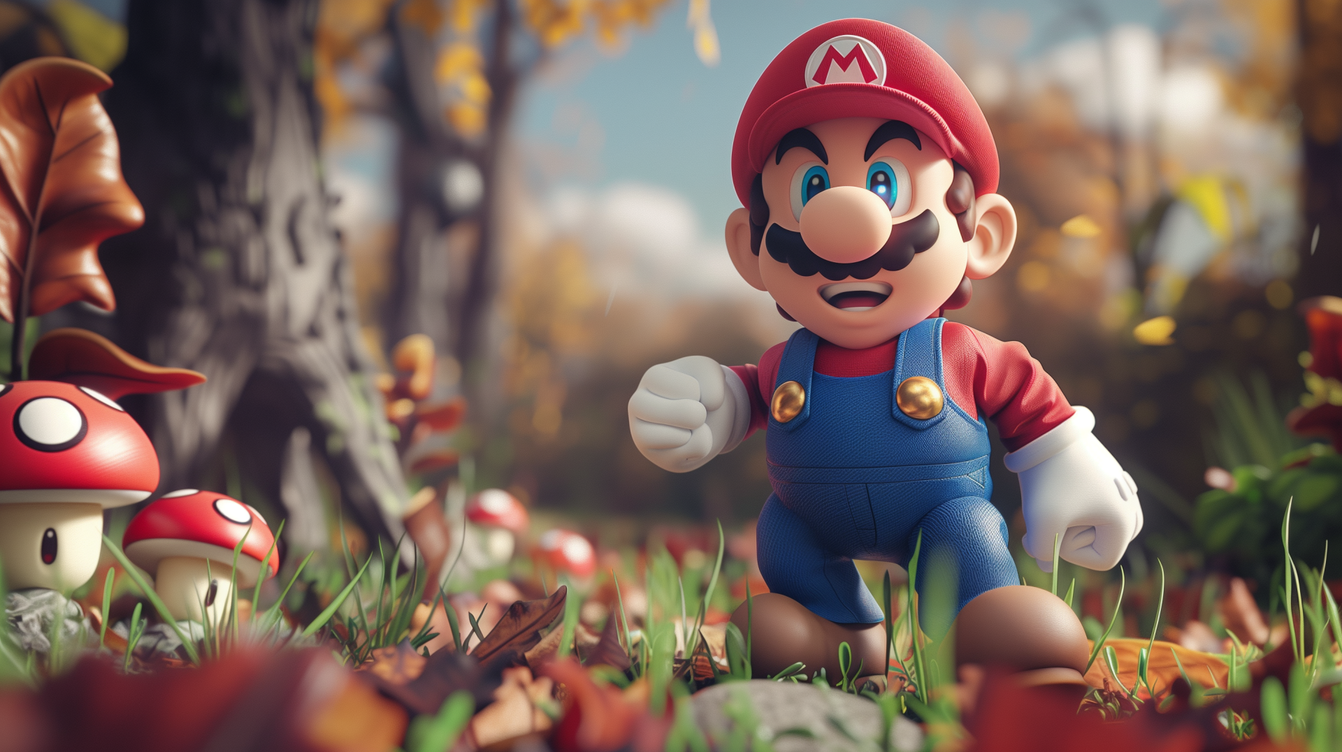 HD desktop wallpaper featuring the animated character Mario from the Super Mario series standing in a vibrant autumn scene with colorful leaves and mushrooms around him.
