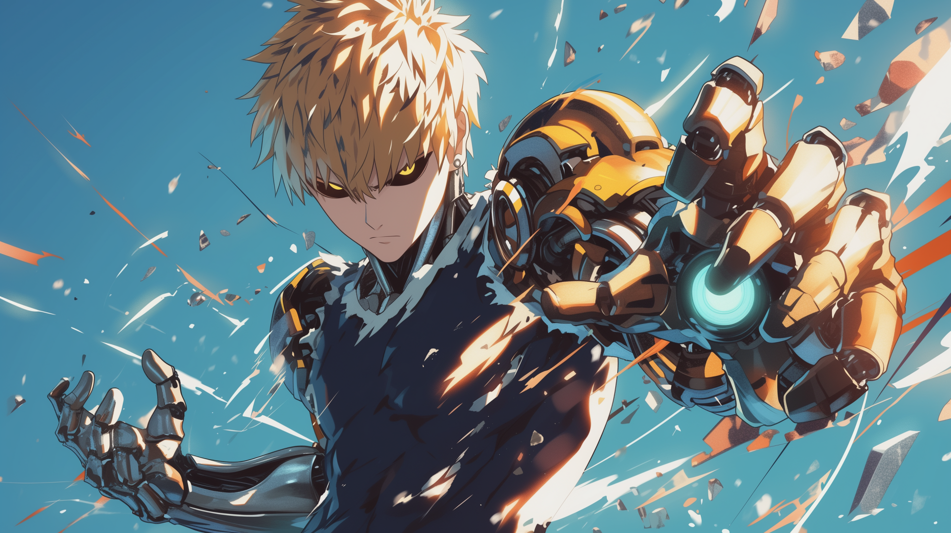HD desktop wallpaper featuring Genos, the cyborg character from One-Punch Man anime, in a dynamic action pose with mechanical arms and sparks flying around.