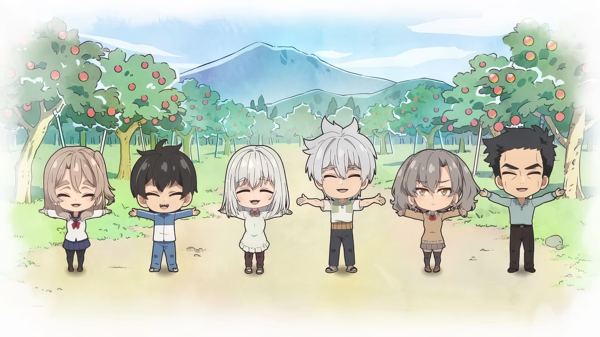 HD anime wallpaper of young versions of Grandpa Seizou Saitou and Grandma Ine Saitou with three others, holding hands in a cheerful outdoor setting.