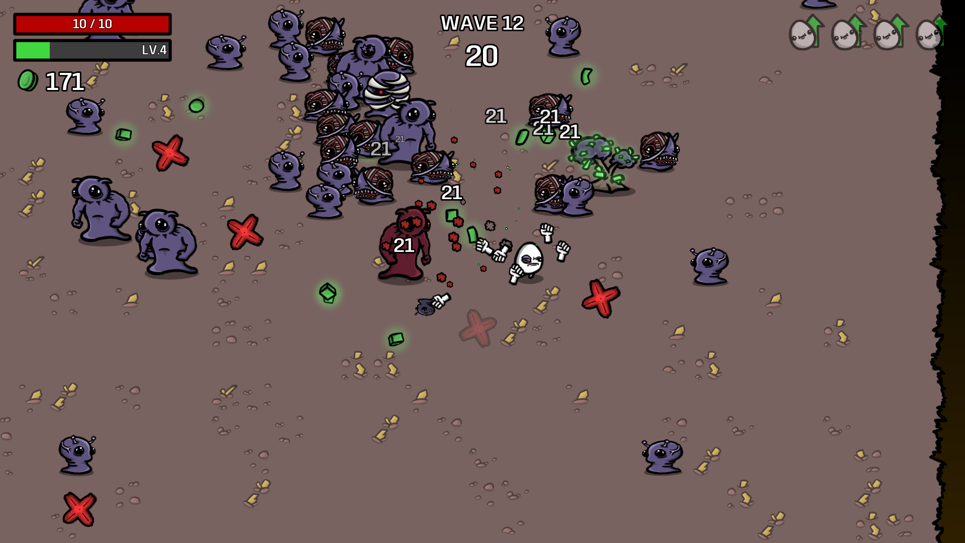 HD desktop wallpaper from the video game Brotato depicting a character surrounded by various enemies on a battlefield, with the game's wave number, health points, and other gameplay elements displayed on-screen.