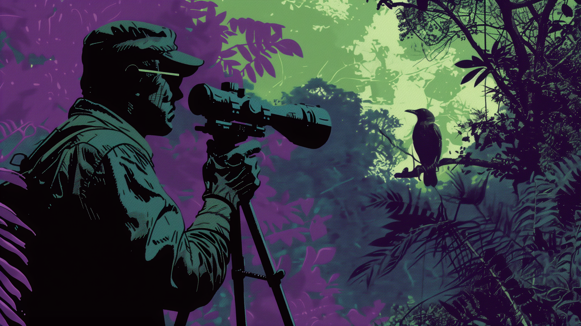 An illustrated HD desktop wallpaper showing a person in a hat observing a bird through binoculars mounted on a tripod, set against a stylized forest background with vibrant purple and green hues.