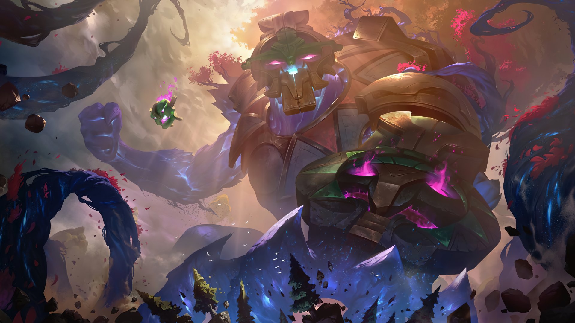 HD desktop wallpaper depicting the character Maokai from the video game Legends of Runeterra, showcasing a mythical tree-like creature in a vibrant, mystical forest setting.
