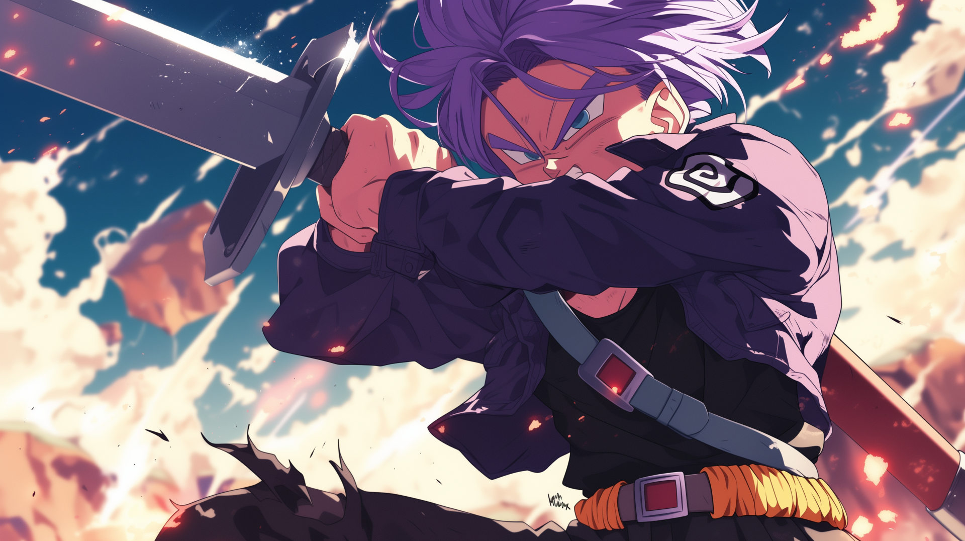 HD wallpaper of Trunks from Dragon Ball Z, wielding a sword with an intense expression, set against a dynamic, fiery background.