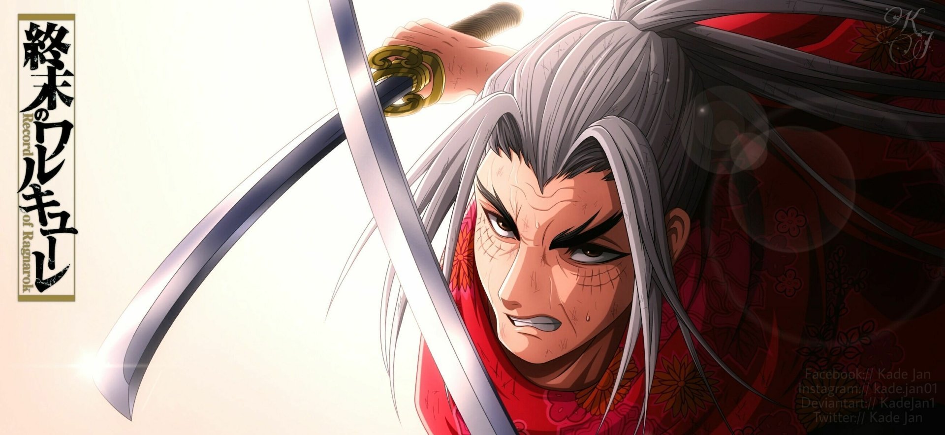 Anime character from Record of Ragnarok with gray hair and red attire, wielding a sword, on a HD desktop wallpaper.