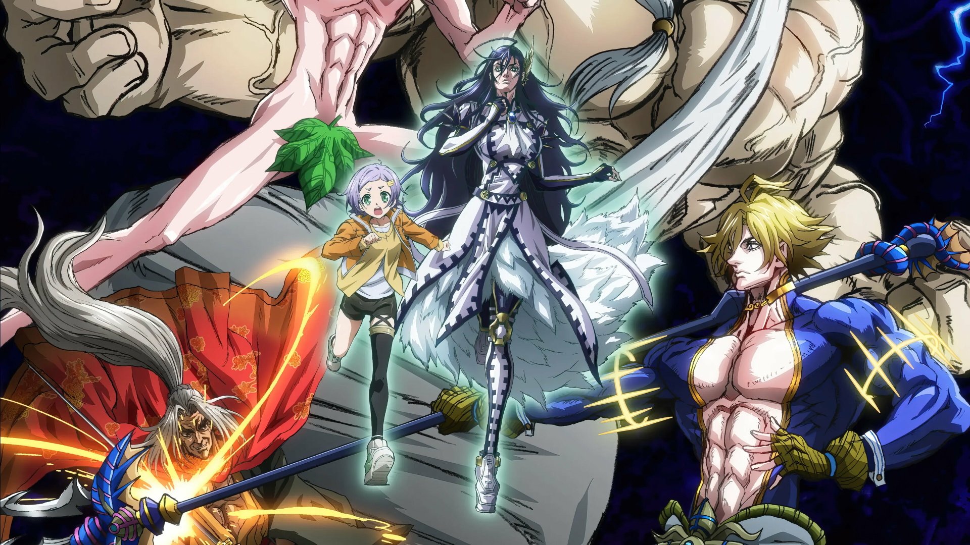 HD desktop wallpaper featuring dynamic characters from the anime Record of Ragnarok, with vivid colors and intense action poses.