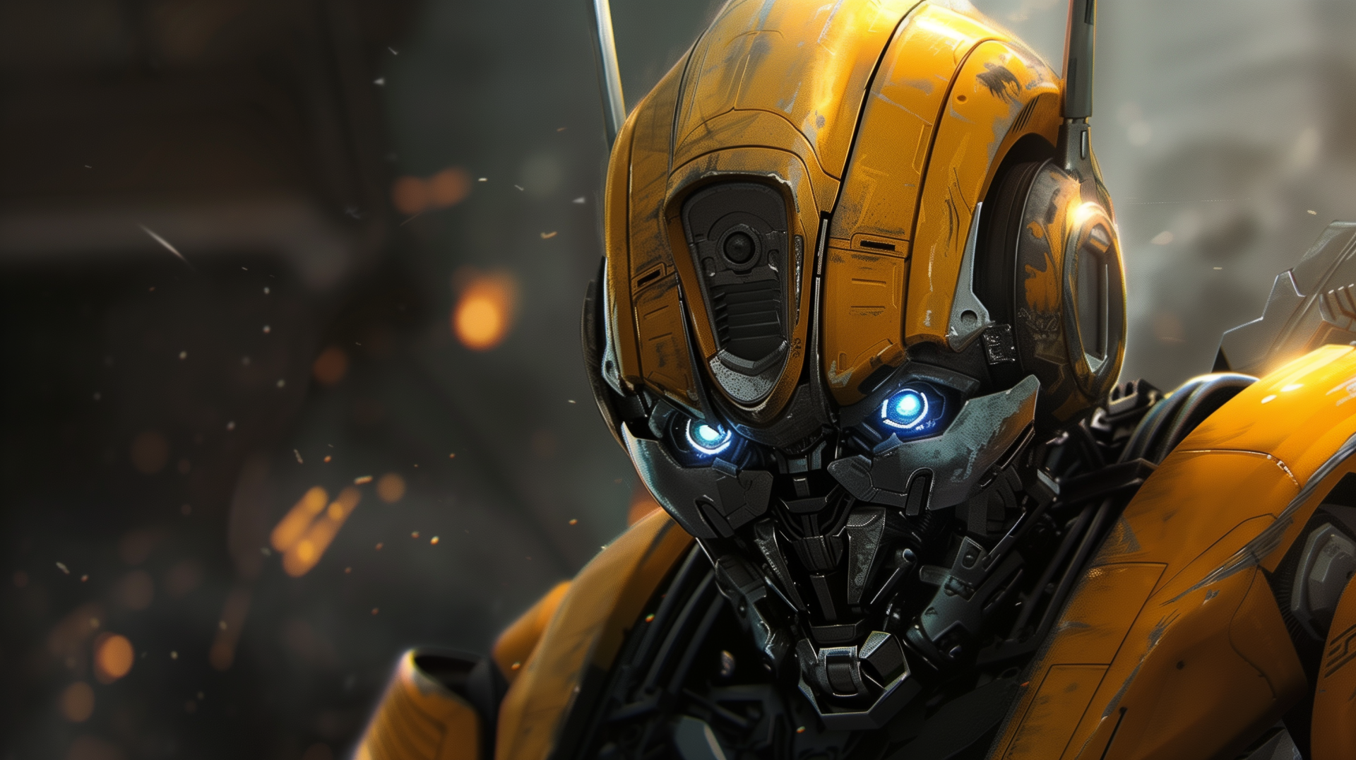 HD desktop wallpaper featuring Bumblebee from the Transformers movie series with a focused expression and glowing blue eyes.