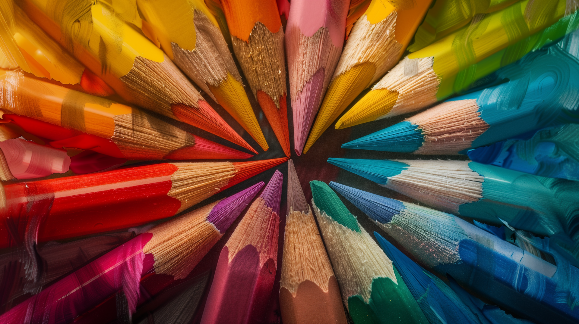HD wallpaper of a vibrant array of sharpened colored pencils converging in a circular pattern.