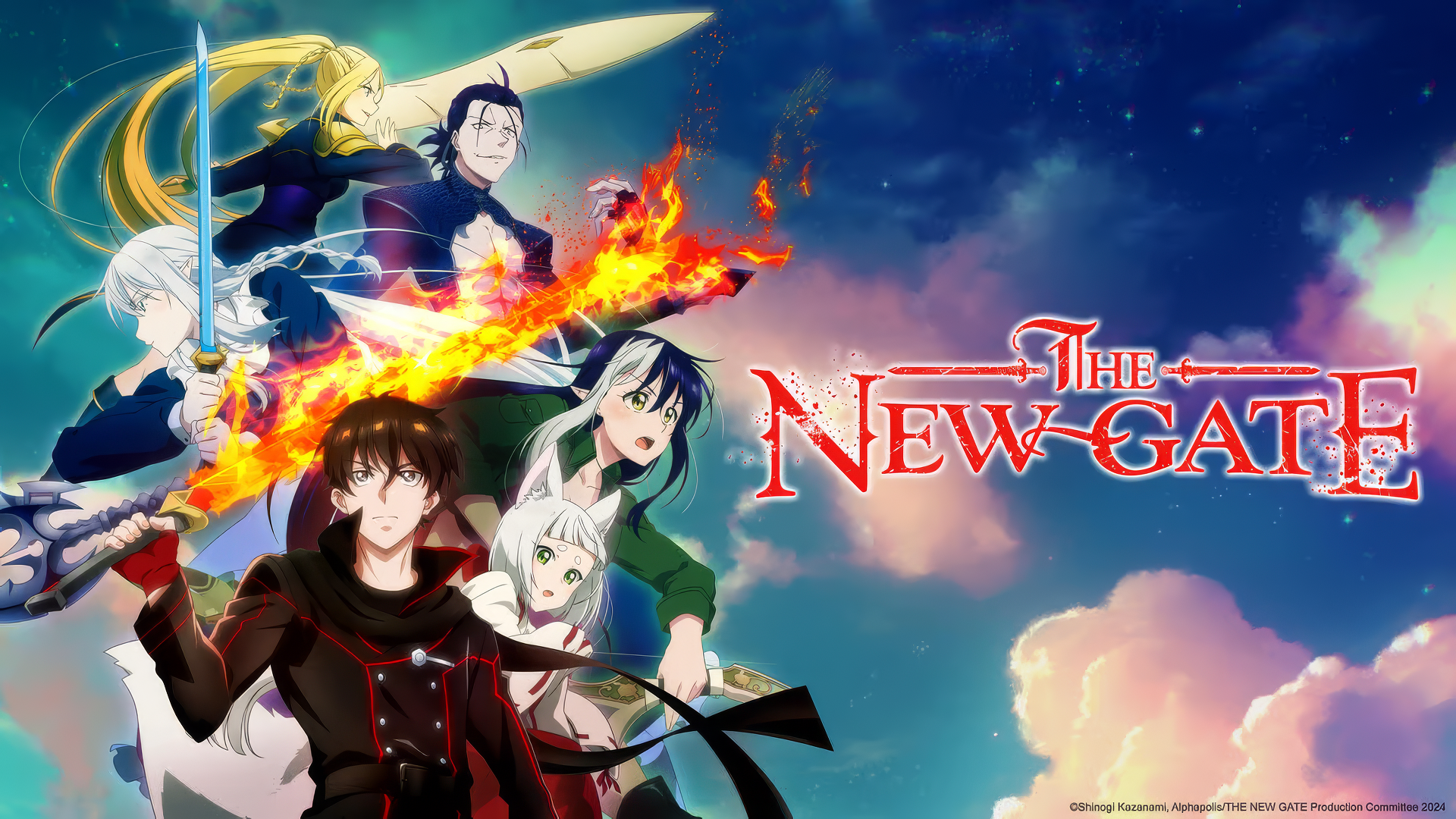 HD desktop wallpaper featuring characters from The New Gate anime, set against a cosmic backdrop with the title logo prominently displayed.