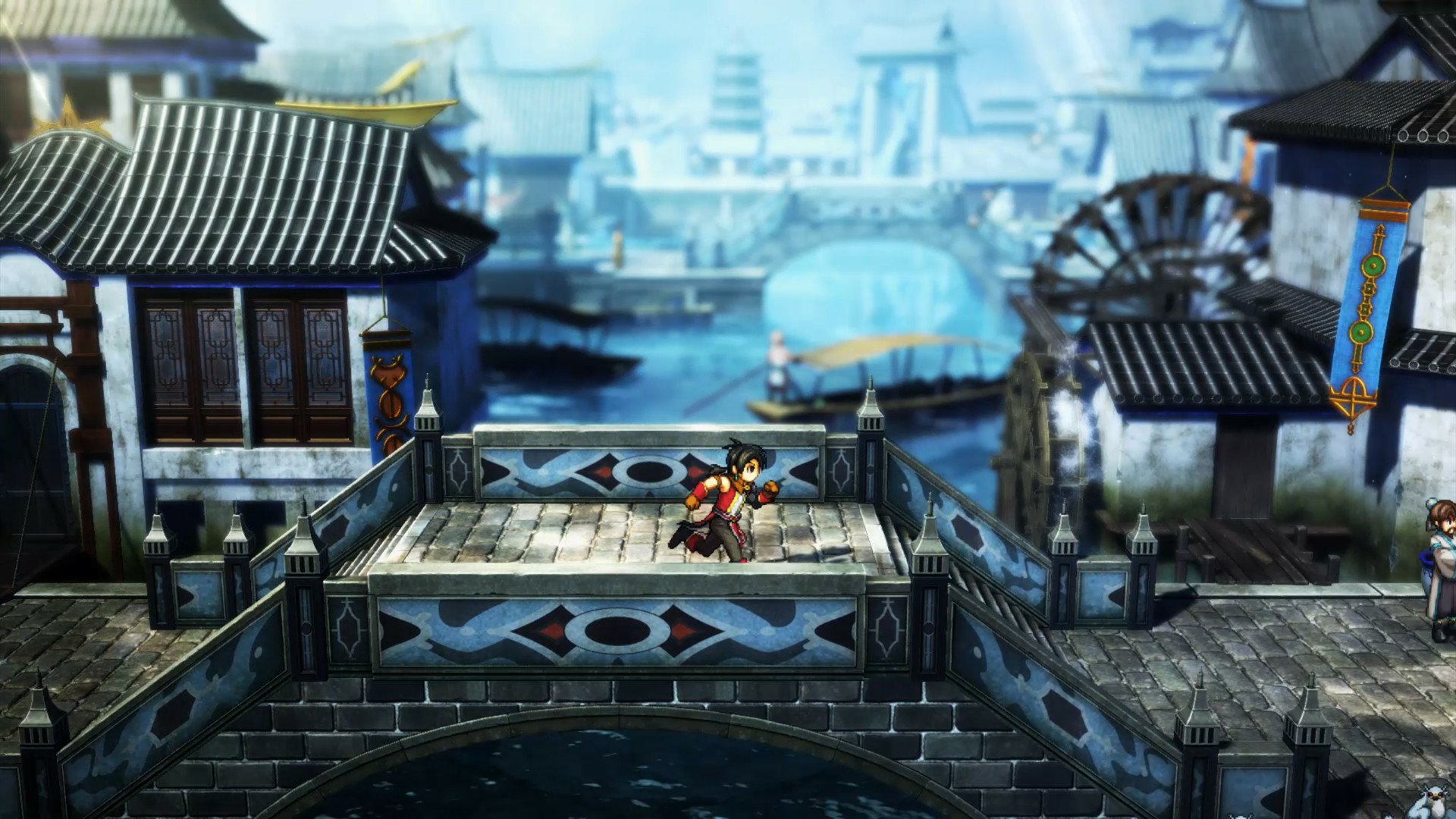 HD wallpaper of a scene from the video game Eiyuden Chronicle: Hundred Heroes, depicting characters standing on a bridge with traditional architecture and a waterwheel in the background.