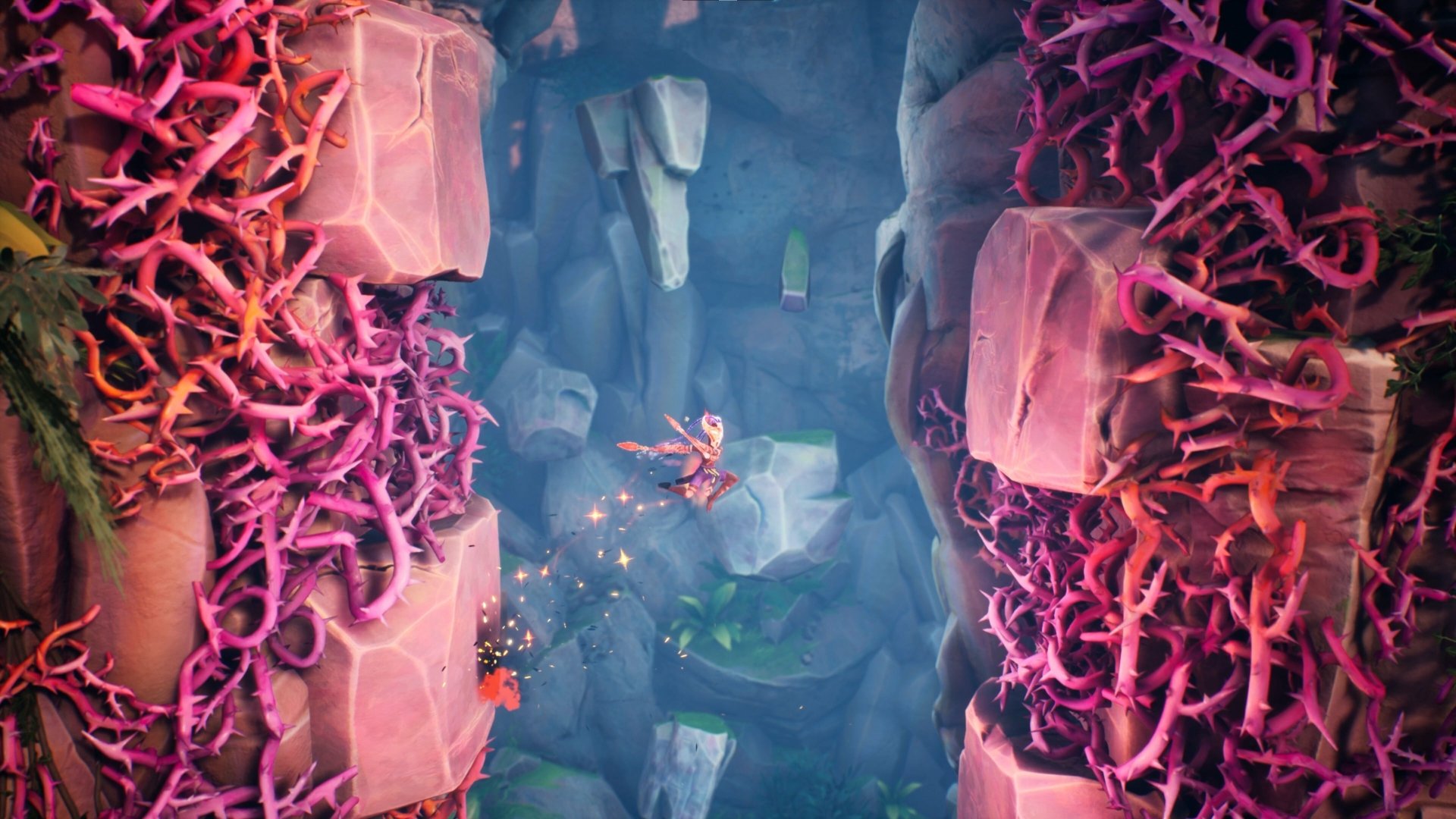 HD desktop wallpaper from the video game Tales Of Kenzera: Zau featuring a fantastical cavern environment with vibrant pink vegetation.