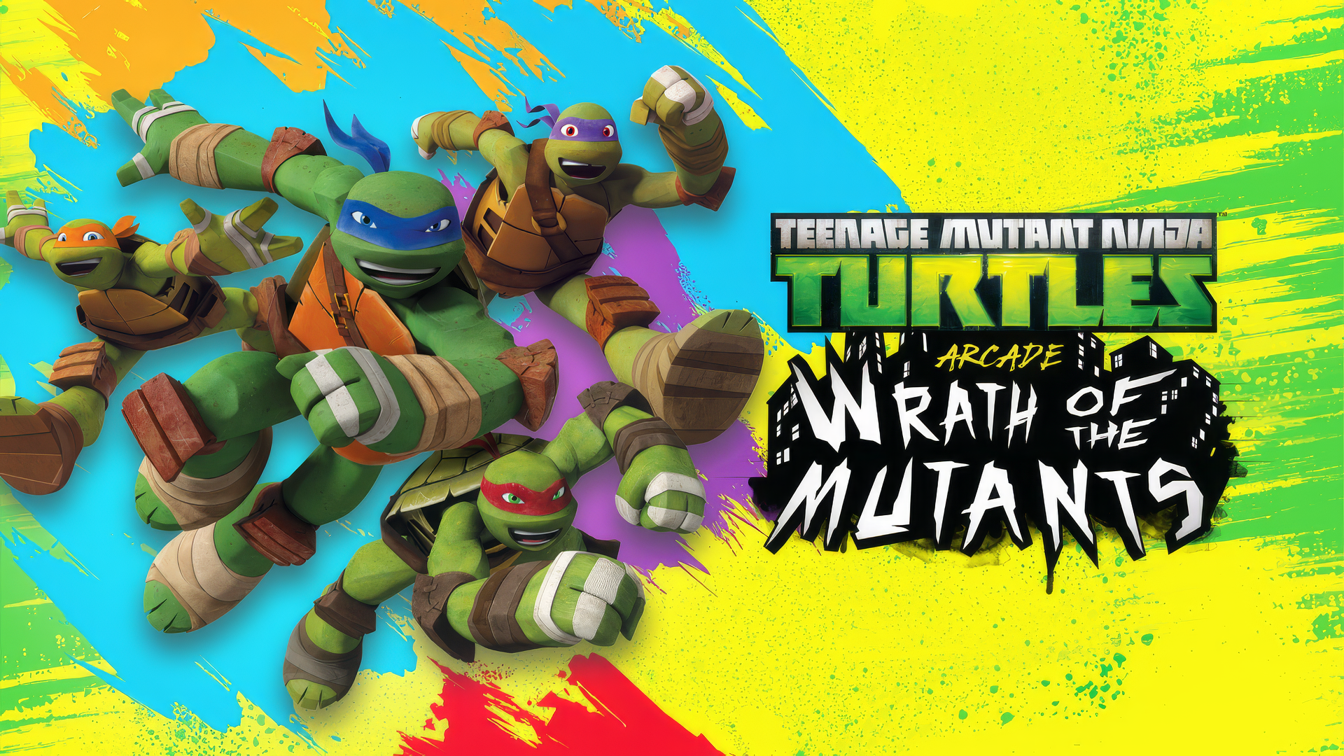 HD wallpaper featuring the Teenage Mutant Ninja Turtles from the video game Arcade: Wrath of the Mutants posed dynamically against a vibrant background with the game's title displayed prominently.