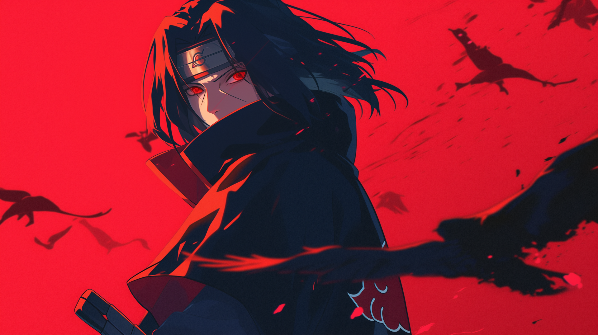 HD desktop wallpaper featuring a stylized image of the anime character Itachi Uchiha from Naruto, with a red background. He is depicted with his Sharingan eye activated, wearing the traditional Akatsuki cloak.