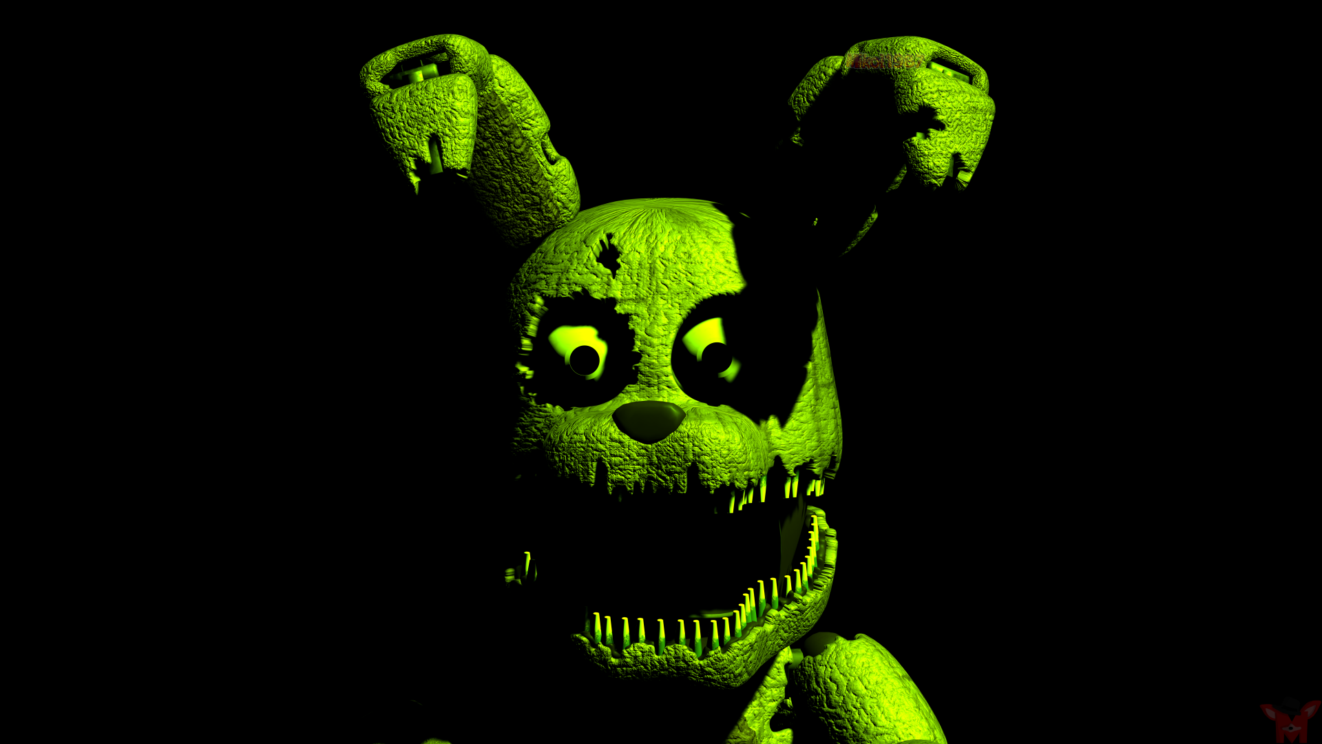Sinister green torn animatronic bunny from Five Nights at Freddy's 4, on a black background — 8K Ultra HD PC desktop wallpaper.