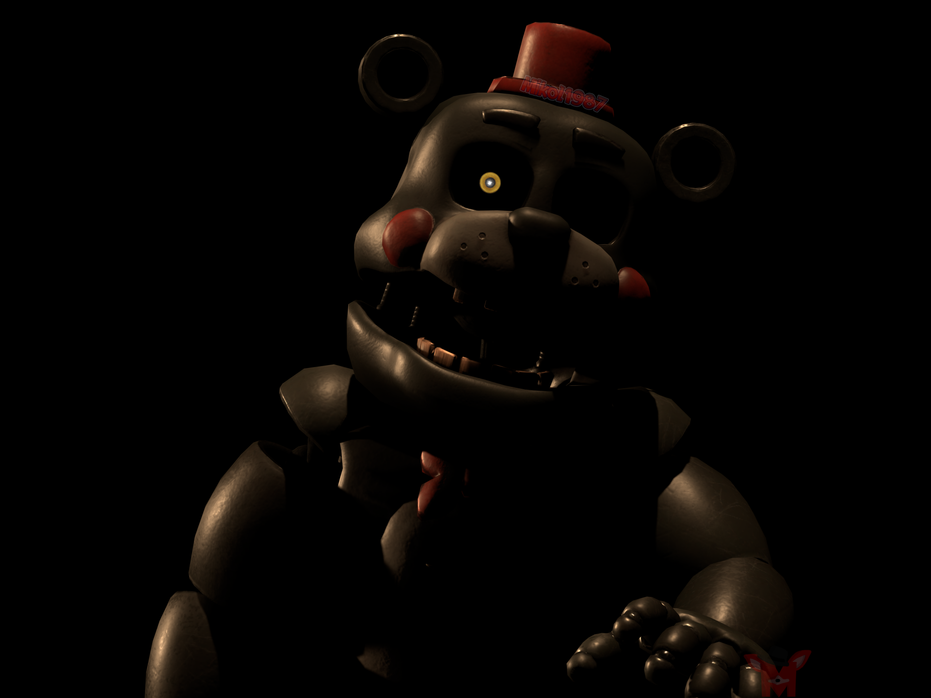 A dark, eerie 4K Ultra HD wallpaper of Freddy Fazbear from Freddy Fazbear's Pizzeria Simulator, Five Nights at Freddy's, glowing eyes and shadowed features set against black.