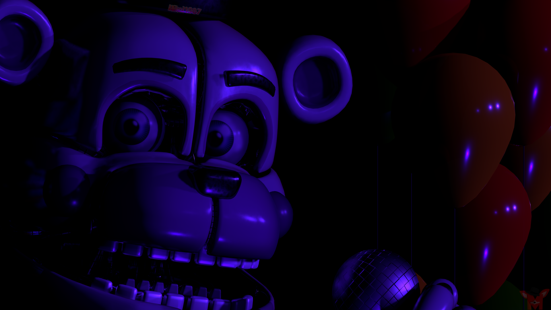 Close-up of a sinister animatronic from Five Nights at Freddy's: Sister Location, captured in deep shadows for an intense 8K Ultra HD PC desktop wallpaper.
