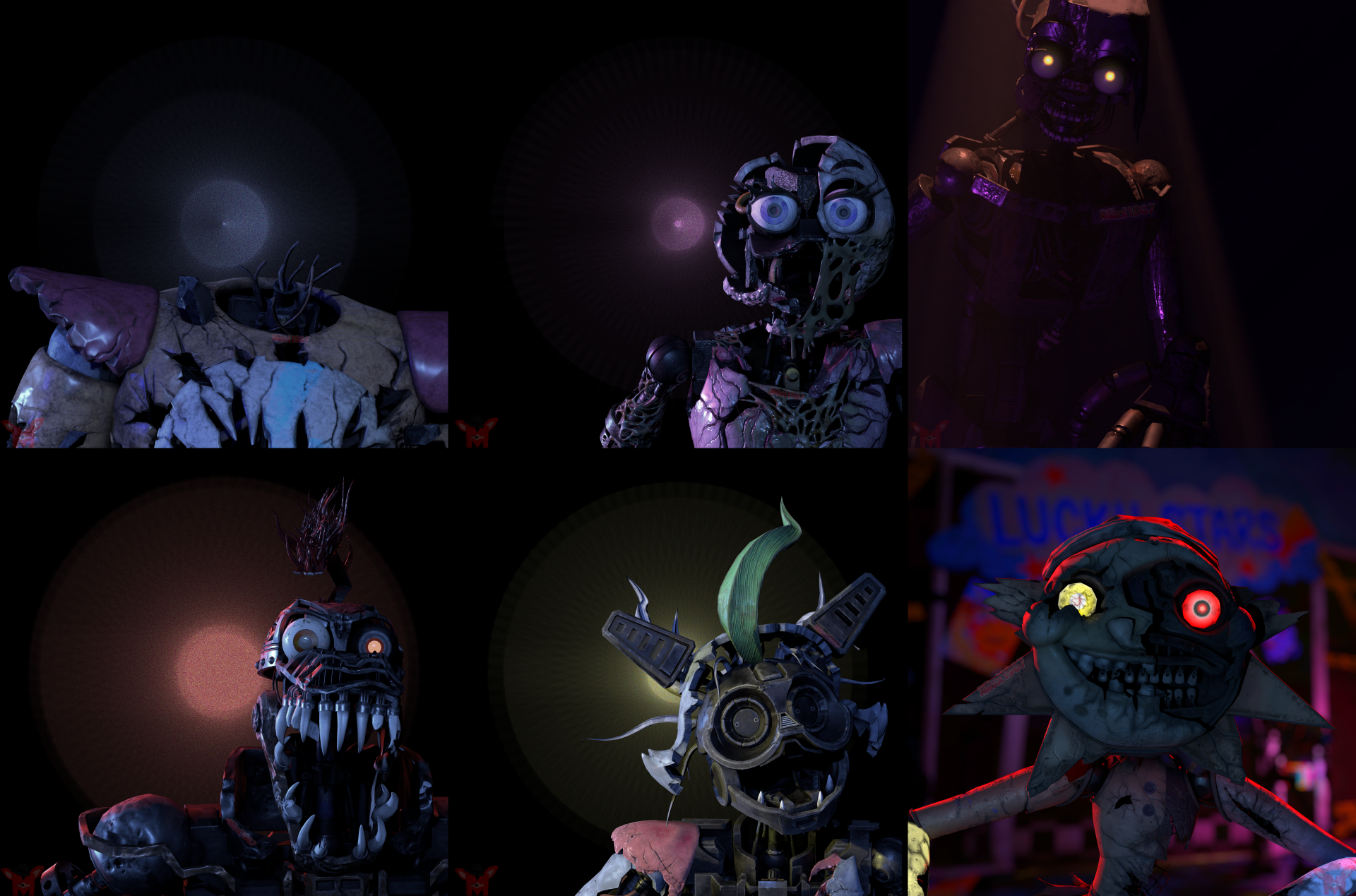 High-detail 8K Ultra HD PC wallpaper featuring animatronics from Five Nights at Freddy's: Security Breach in dark, eerie settings with vivid lighting effects.