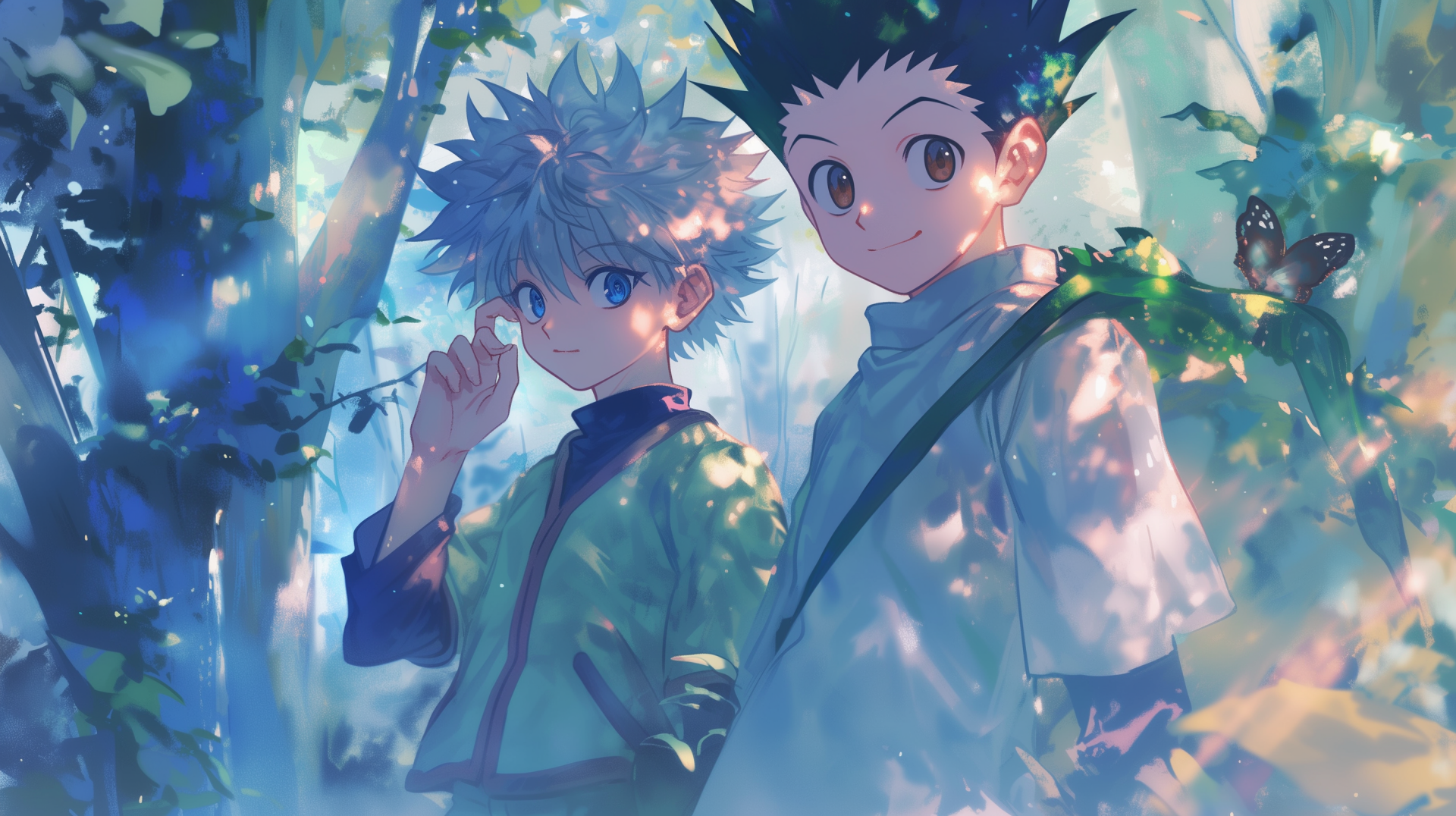 HD desktop wallpaper featuring animated characters Gon Freecss and Killua Zoldyck from Hunter x Hunter, standing in a forest with dappled sunlight filtering through the trees.