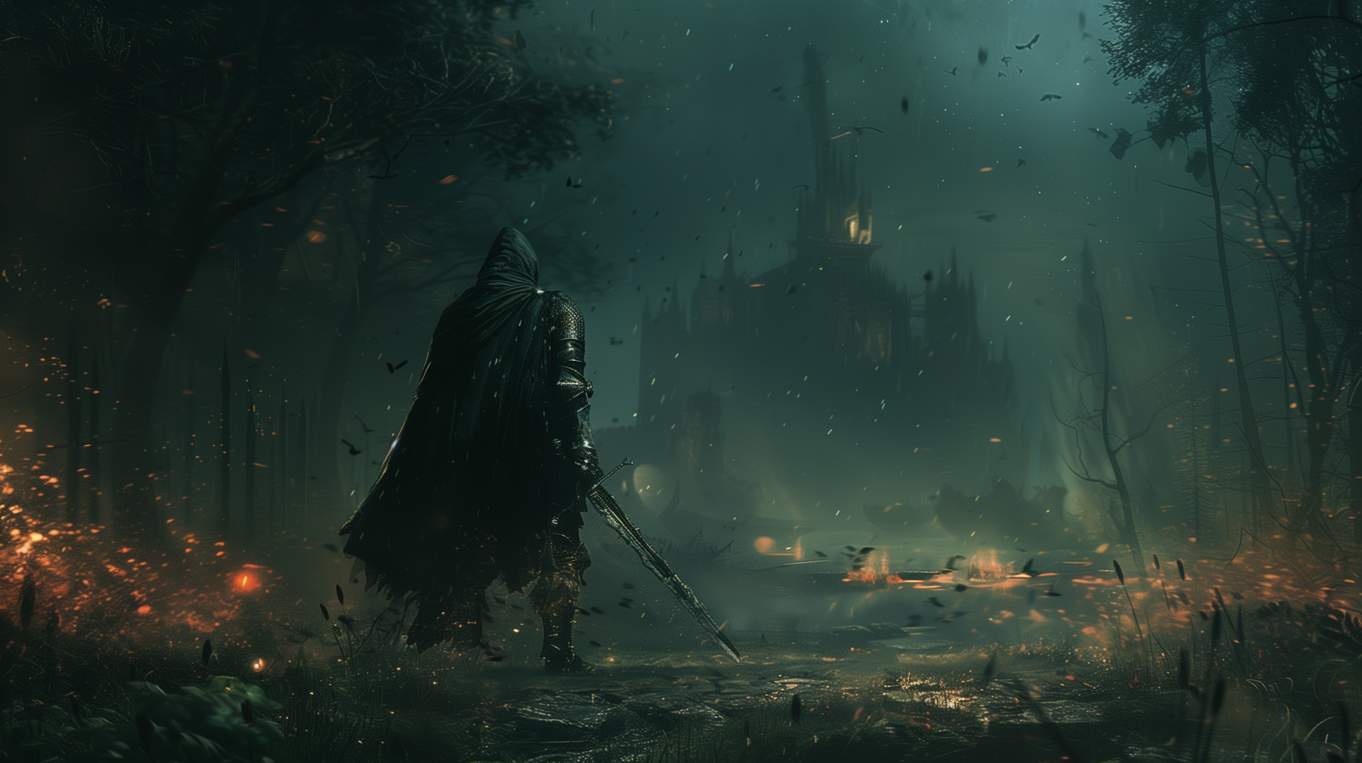 HD desktop wallpaper featuring a scene from Dark Souls III with a lone figure in a cloak standing on a forest path, a large sword in hand, looking towards a distant, imposing castle amidst an eerie, mist-laden landscape.