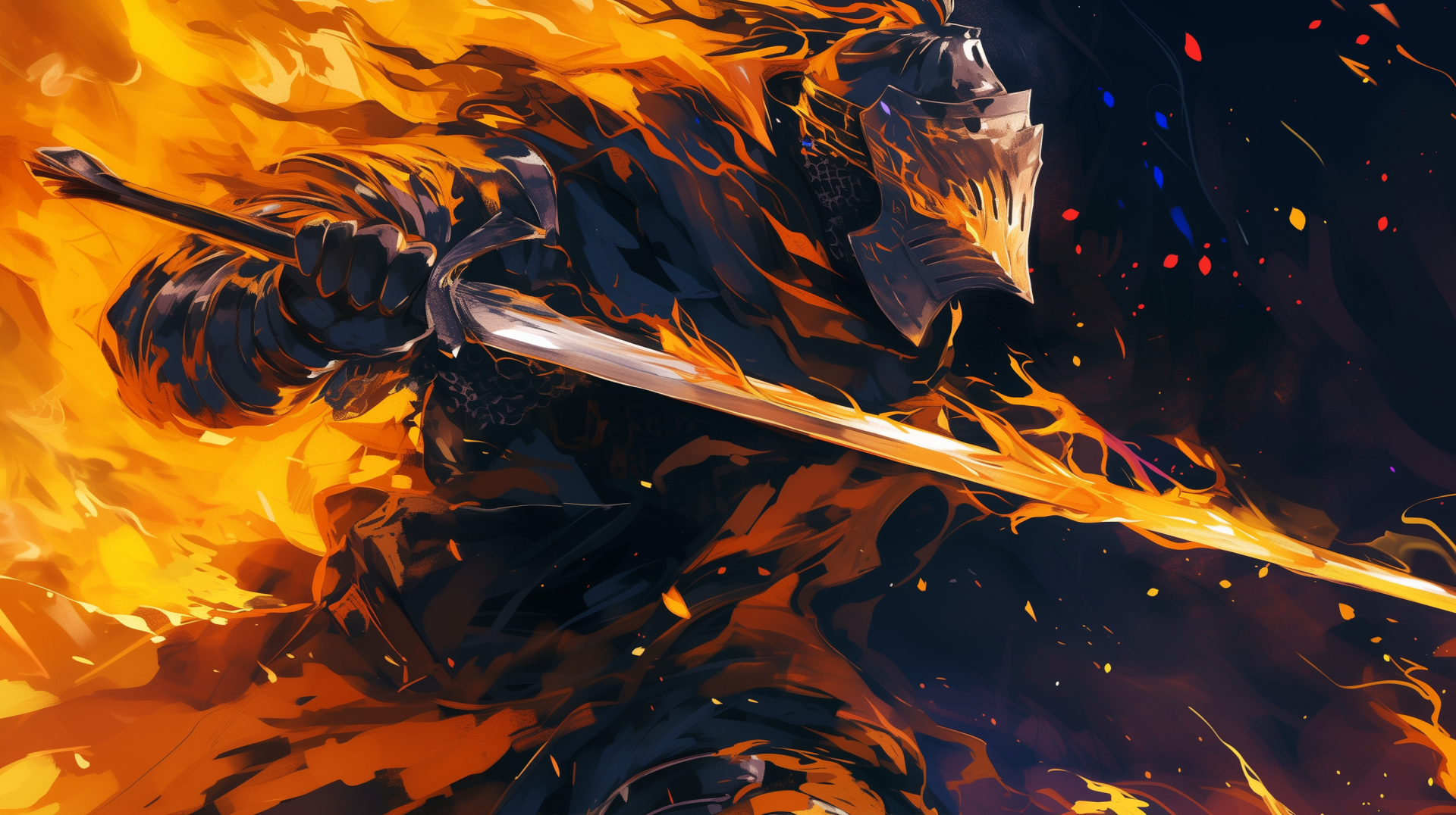 HD desktop wallpaper featuring an anime-style illustration from the video game Dark Souls, depicting a knight wielding a sword with fiery effects in the background.