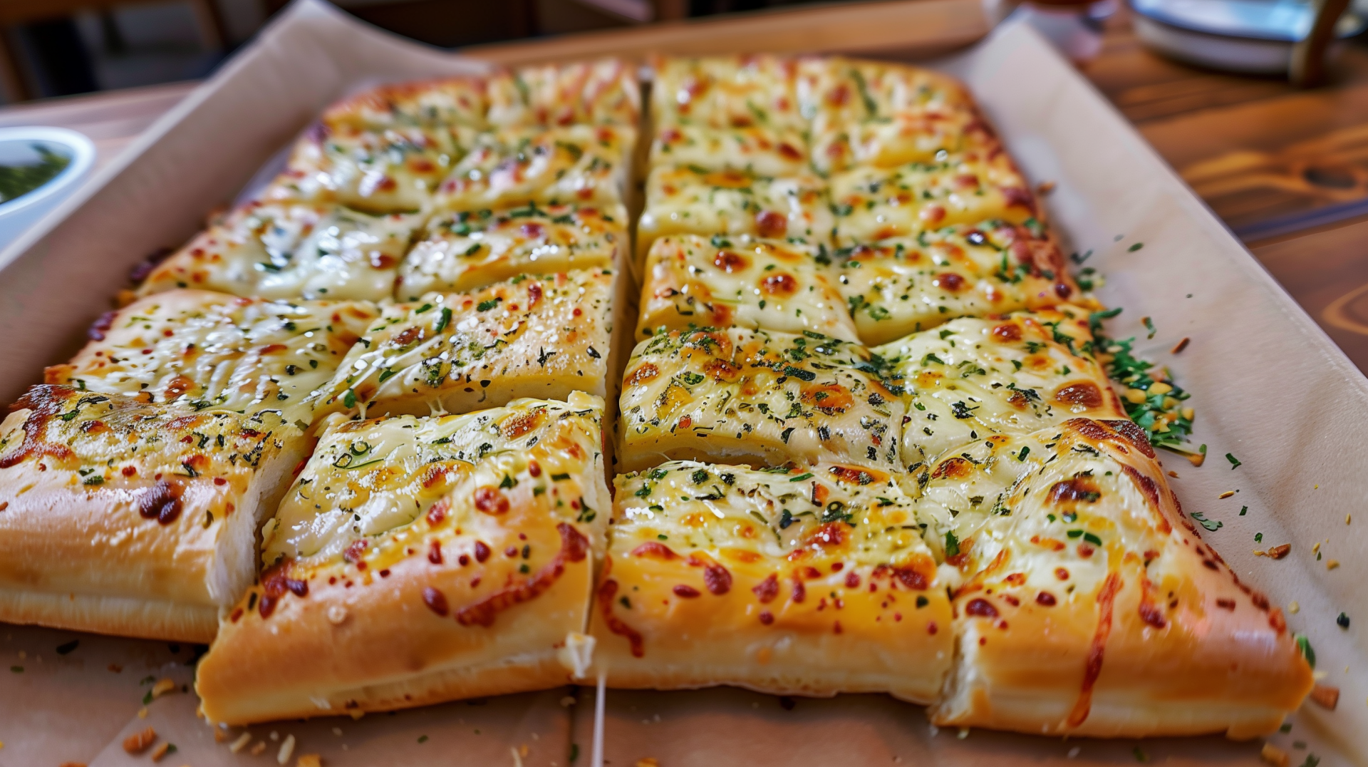 HD desktop wallpaper of freshly baked garlic bread sprinkled with herbs, cut into triangular pieces.